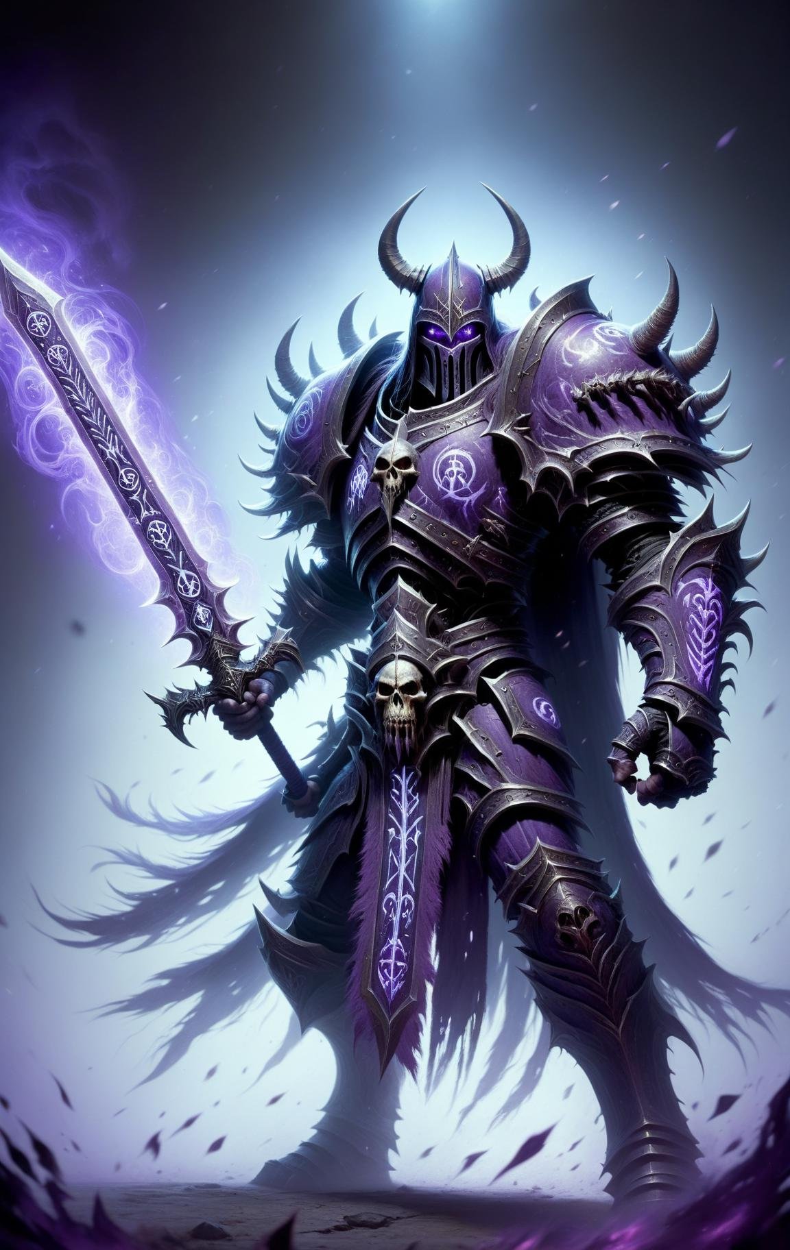 human, death knight, DonMD34thKn1gh7XL wielding runeblade, purple glowing runes, two handed sword,  <lora:DonMD34thKn1gh7XL-v1.1-000010:0.8>