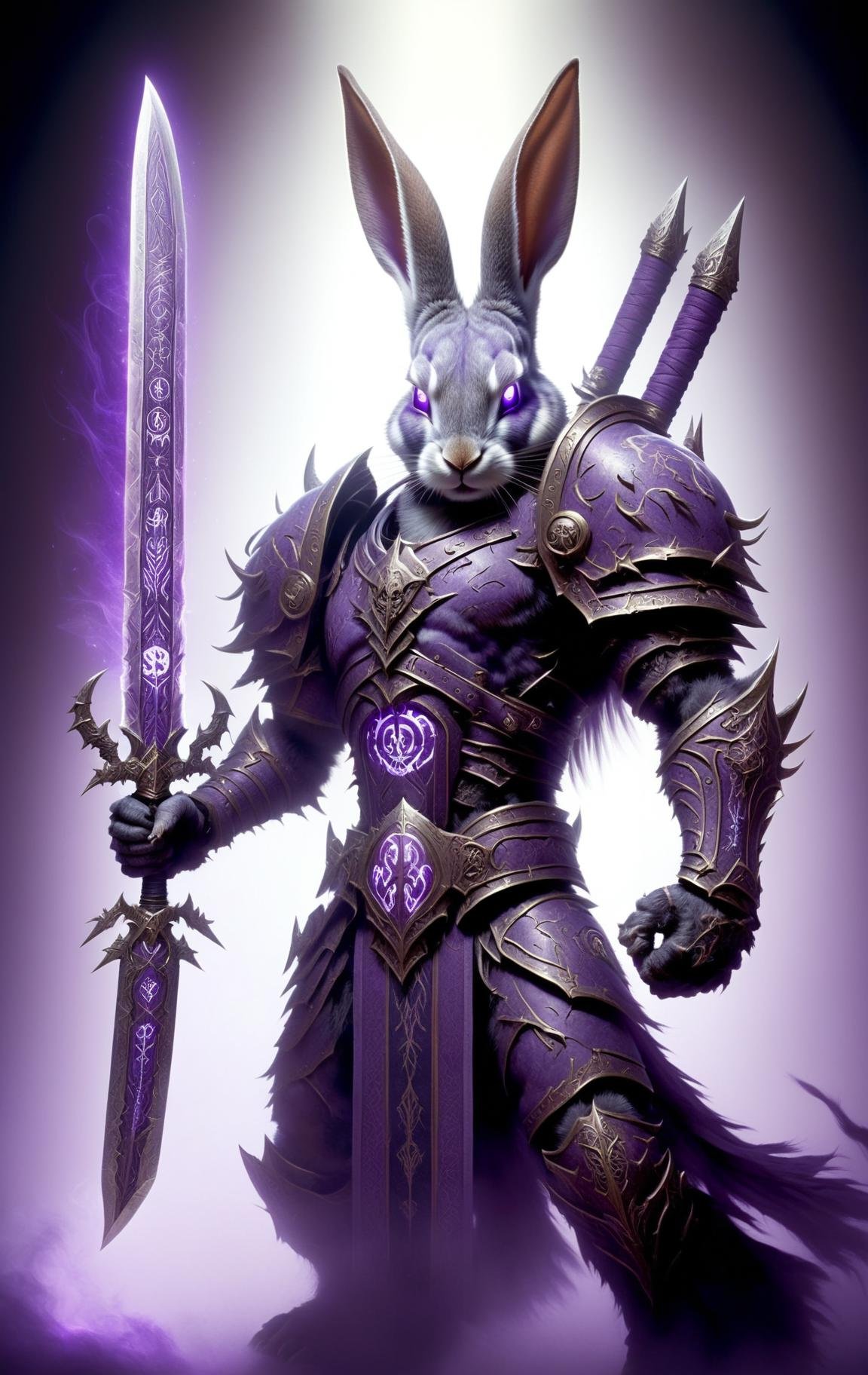 rabbit, death knight, DonMD34thKn1gh7XL wielding runeblade, purple glowing runes, two handed sword,  <lora:DonMD34thKn1gh7XL-v1.1-000010:0.8>