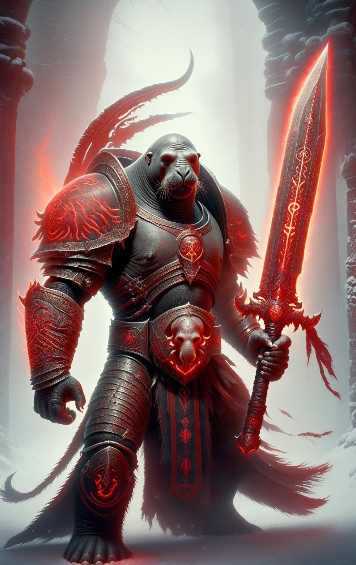 elephant seal, death knight, DonMD34thKn1gh7XL wielding runeblade, red glowing runes, two handed sword,  <lora:DonMD34thKn1gh7XL-v1.1-000010:0.8>