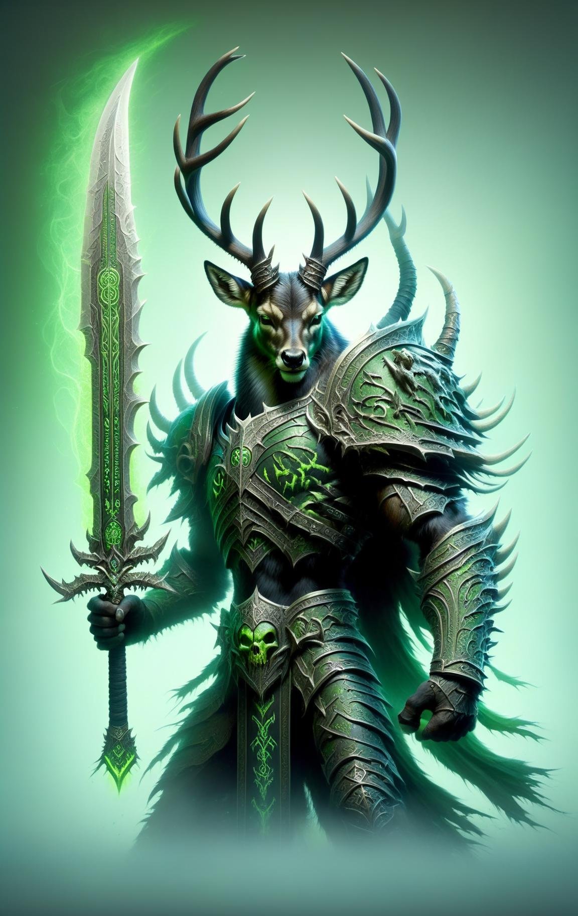 deer, death knight, DonMD34thKn1gh7XL wielding runeblade, green glowing runes, two handed sword,  <lora:DonMD34thKn1gh7XL-v1.1-000010:1>