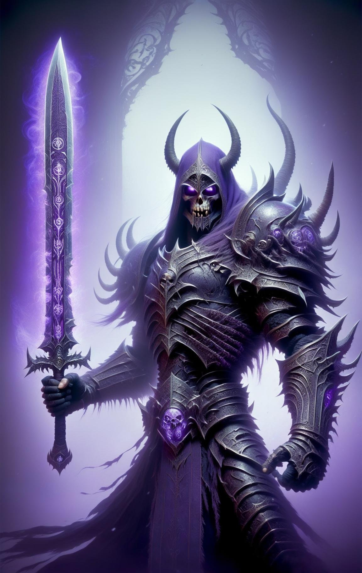 human, death knight, DonMD34thKn1gh7XL wielding runeblade, purple glowing runes, two handed sword, massive <lora:DonMD34thKn1gh7XL-v1.1-000010:1>