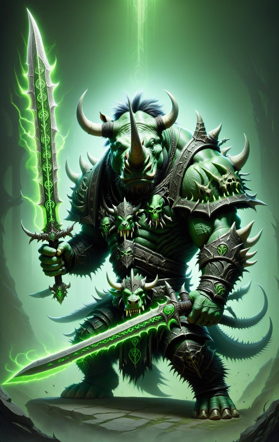 rhinoceros, death knight, DonMD34thKn1gh7XL wielding runeblade, green glowing runes, dual sword, dual wielding <lora:DonMD34thKn1gh7XL-v1.1-000010:0.8> 