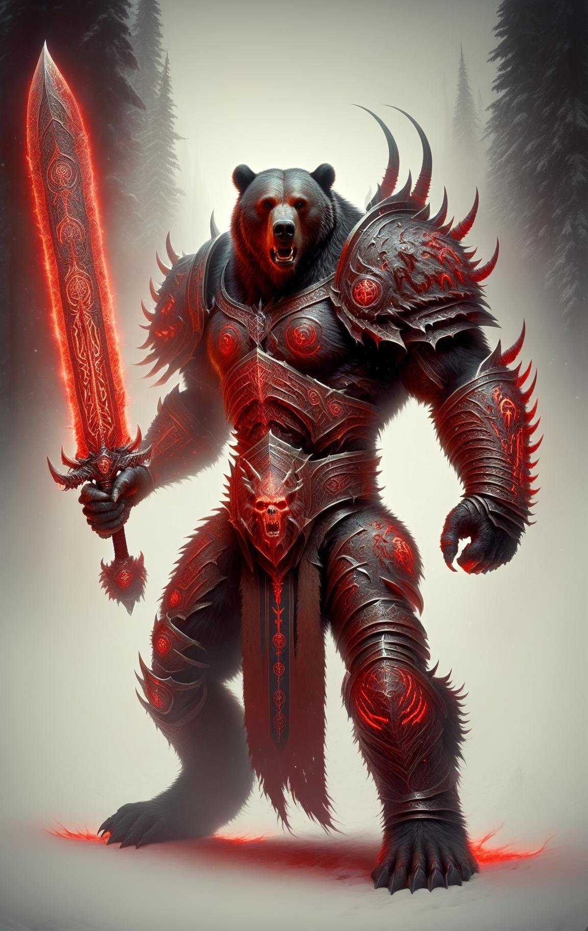 grizzly bear, death knight, DonMD34thKn1gh7XL wielding runeblade, red glowing runes, long sword, massive <lora:DonMD34thKn1gh7XL-v1.1-000010:0.8>