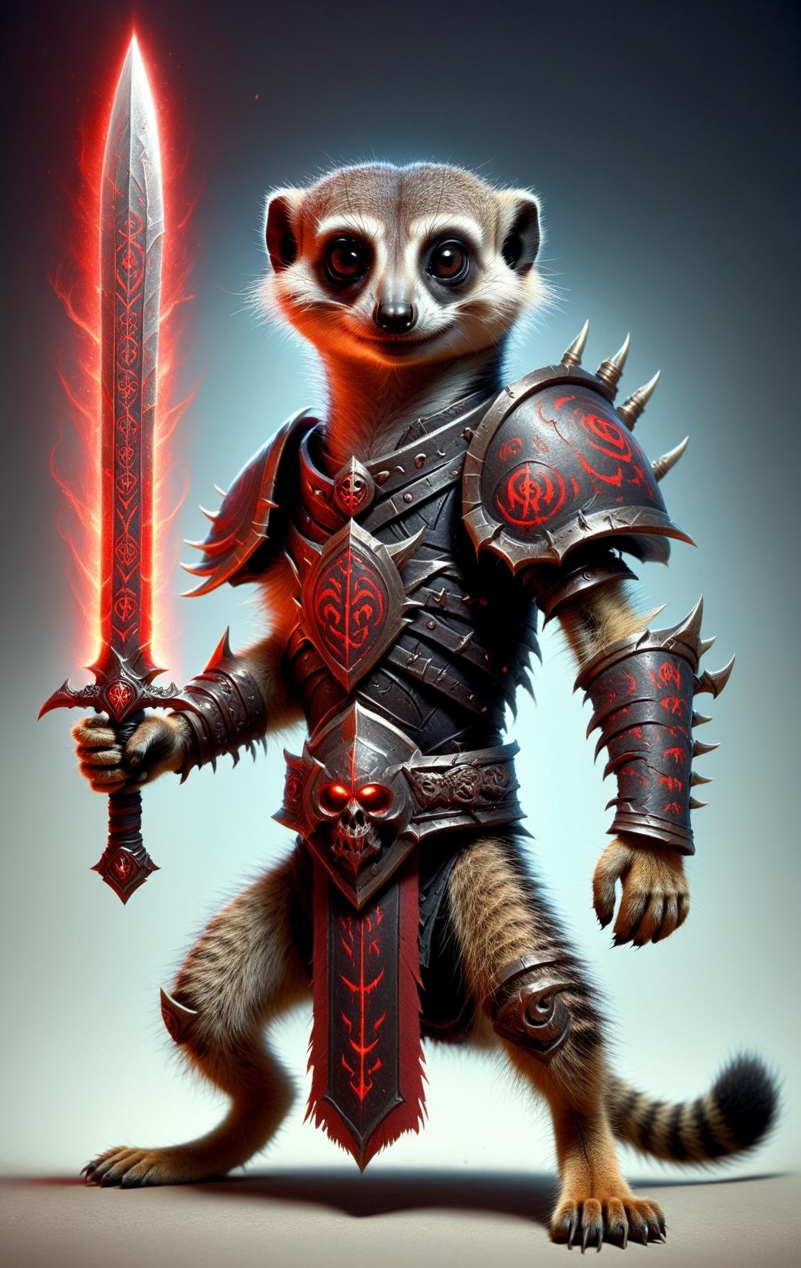 meerkat, death knight, DonMD34thKn1gh7XL wielding runeblade, red glowing runes, two handed sword, dual wielding <lora:DonMD34thKn1gh7XL-v1.1-000010:0.8>