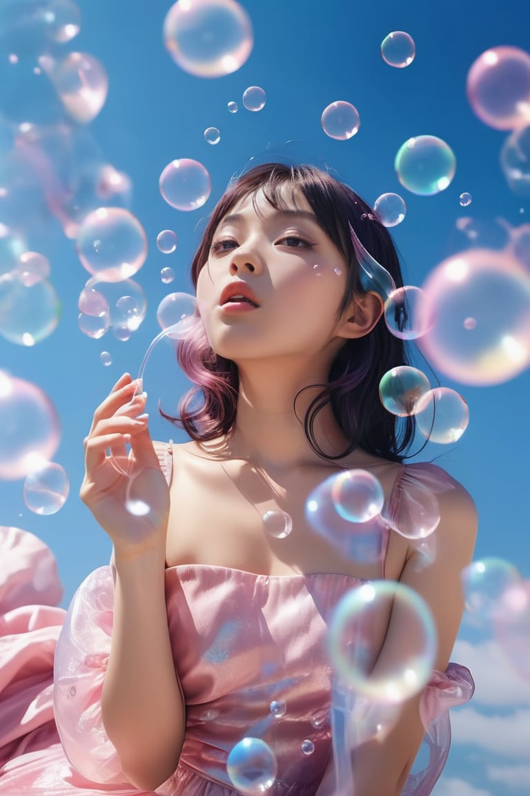 a woman in a pink dress blowing bubbles, ayaka genshin impact, high fashion magazine cover, glossy flecks of iridescence, of a youthful japanese girl, wearing translucent sheet, blue sky above, streaming, promotional render,dreamgirl