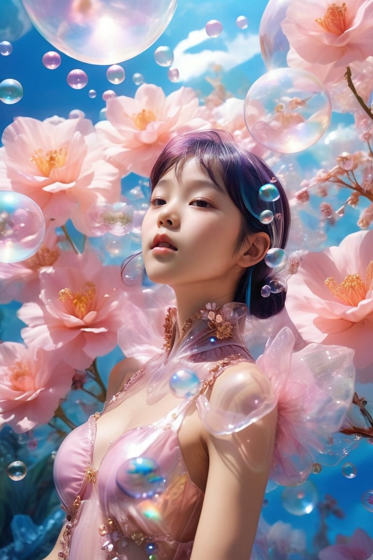 (close-up face view:1.9),a woman in a pink dress blowing bubbles, high fashion magazine cover, glossy flecks of iridescence, of a youthful Japanese girl, wearing translucent sheet, blue sky above, promotional render, adorned in a transparent plugsuit, delicate crystal wings extending gracefully, immersed in an alien landscape, clouds forming a celestial ballet, exotic flora adding to the dreamlike atmosphere.",more detail XL,glitter,Glass Elements,skirtlift,dreamgirl