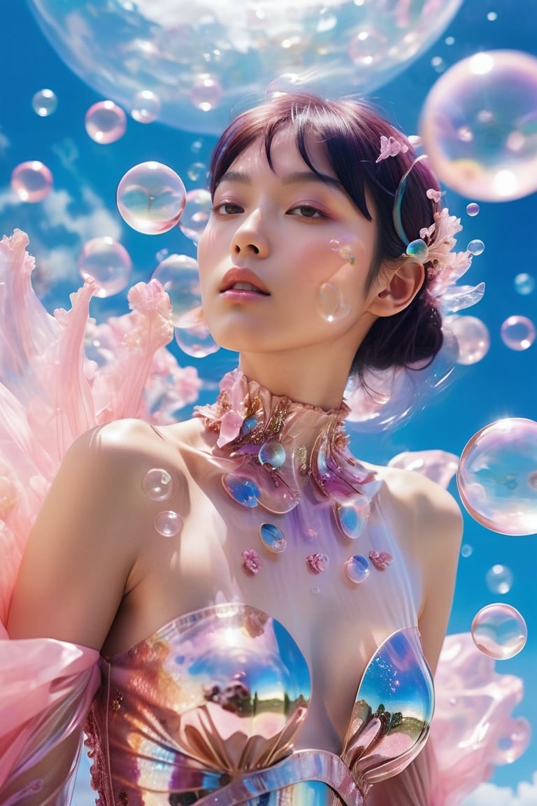 (close-up face view:1.9),a woman in a pink dress blowing bubbles, high fashion magazine cover, glossy flecks of iridescence, of a youthful Japanese girl, wearing translucent sheet, blue sky above, promotional render, adorned in a transparent plugsuit, delicate crystal wings extending gracefully, immersed in an alien landscape, clouds forming a celestial ballet, exotic flora adding to the dreamlike atmosphere.",more detail XL,glitter,Glass Elements,skirtlift,dreamgirl