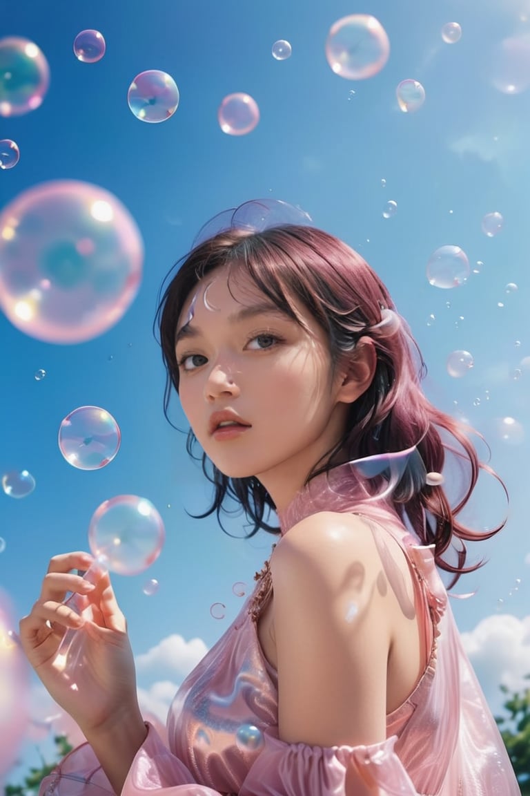 a woman in a pink dress blowing bubbles, ayaka genshin impact, high fashion magazine cover, glossy flecks of iridescence, of a youthful japanese girl, wearing translucent sheet, blue sky above, streaming, promotional render,dreamgirl,LinkGirl