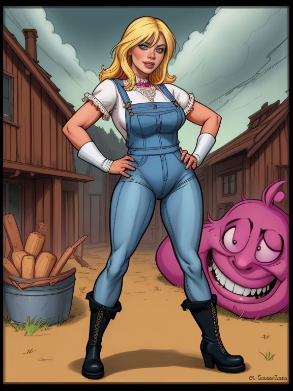 <lora:LCM_LoRA_Weights_SD15:0.7>  toon style cartoon, (by Carl Larsson,Josan Gonzalez:1.3), Denise_Drake,grimace expression, pair of overalls with a ruffled or lace-trimmed blouse, and a pair of ankle boots or clogs, a post-apocalyptic world where the only survivors are people who were cryogenically frozen,