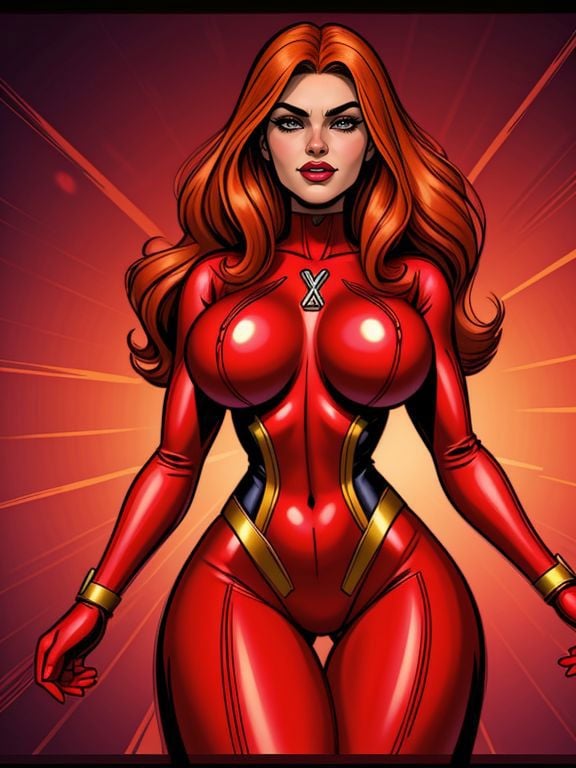 <lora:LCM_LoRA_Weights_SD15:1>  sexy toon style cartoon, Jean Grey X-Men Red Version: In the "X-Men Red" series, Jean Grey's costume is a striking and updated ensemble, often featuring a red and gold color scheme, The design includes a sleek bodysuit with gold accents and a prominent X symbol, The costume reflects her leadership role in the X-Men Red team and signifies her powerful telepathic and telekinetic abilities, This modern interpretation of Jean Grey's costume in "X-Men Red" combines elements of tradition with contemporary flair, emphasizing her status as a key figure in the X-Men lineup., 