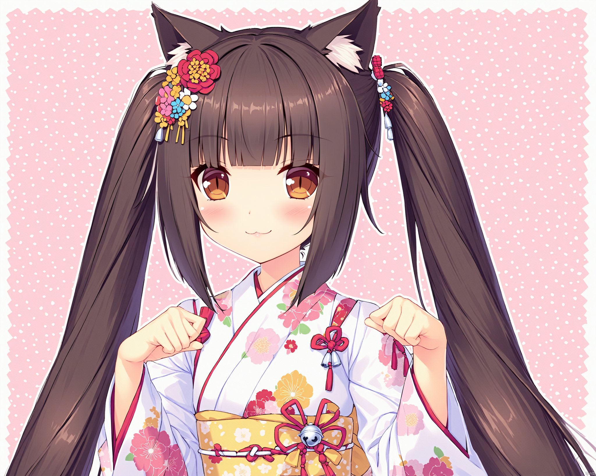 nekopara,Chocola_\(nekopara\), animal_ears, cat_ears, japanese_clothes, solo, bell, long_hair, jingle_bell, twintails, kimono, blush, flower, smile, brown_eyes, hair_ornament, looking_at_viewer, paw_pose, black_hair, :3, upper_body, slit_pupils, hair_flower, miko, bangs, brown_hair, white_kimono, blunt_bangs, kanzashi, wide_sleeves, floral_print