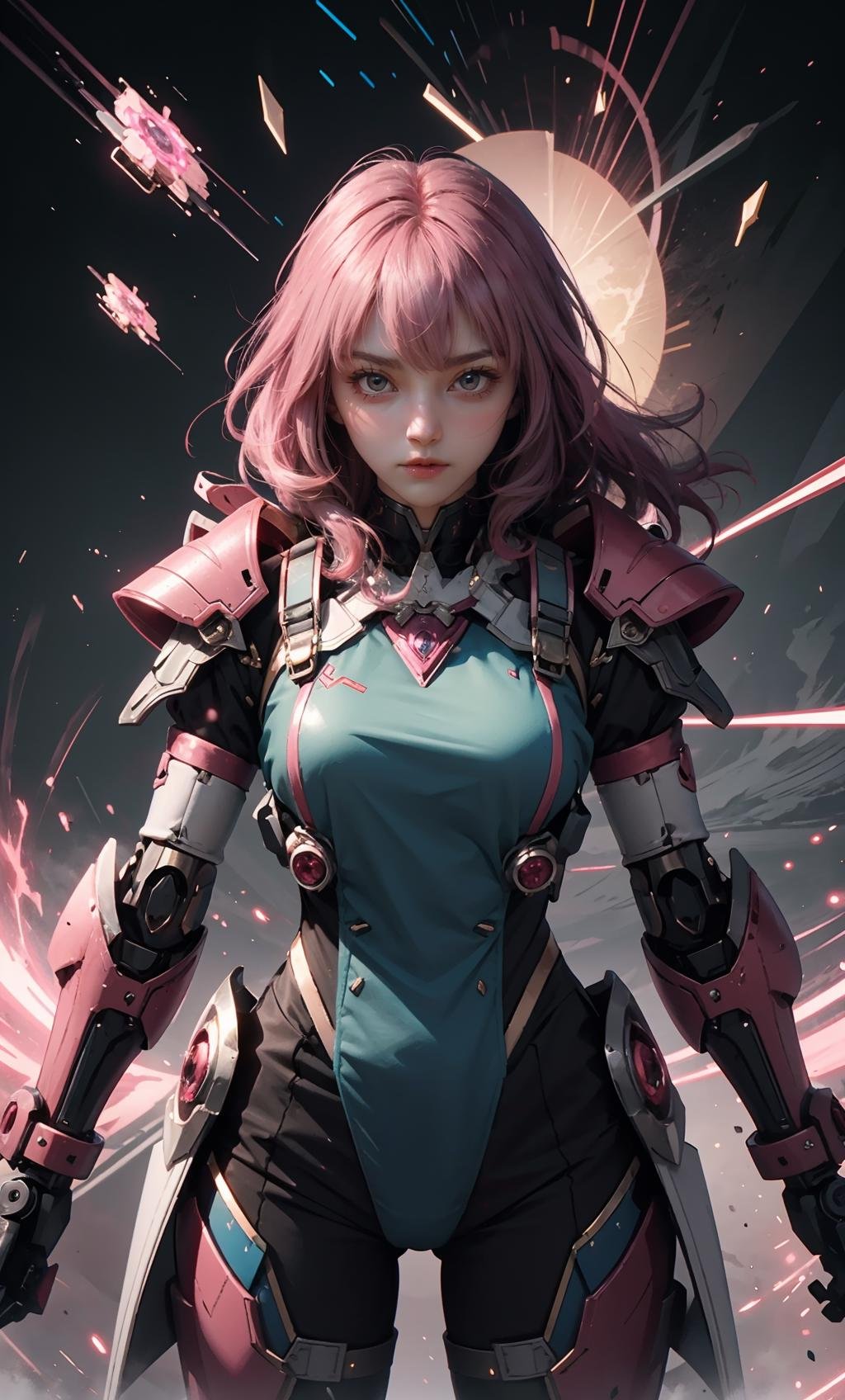 TR mecha style,Cherry Bomb Guardian, Dainty Defender, Feminine Techno-Wizard, Glistening Armor, Mechanical Blossom, Pink Powerhouse, Quantum-Pulse Blade, Rose-Tinted Justice, Sparkling Maneuvers, Time-Bending Tactician.,<lora:好吃米-SD.5-mecha:0.3>,