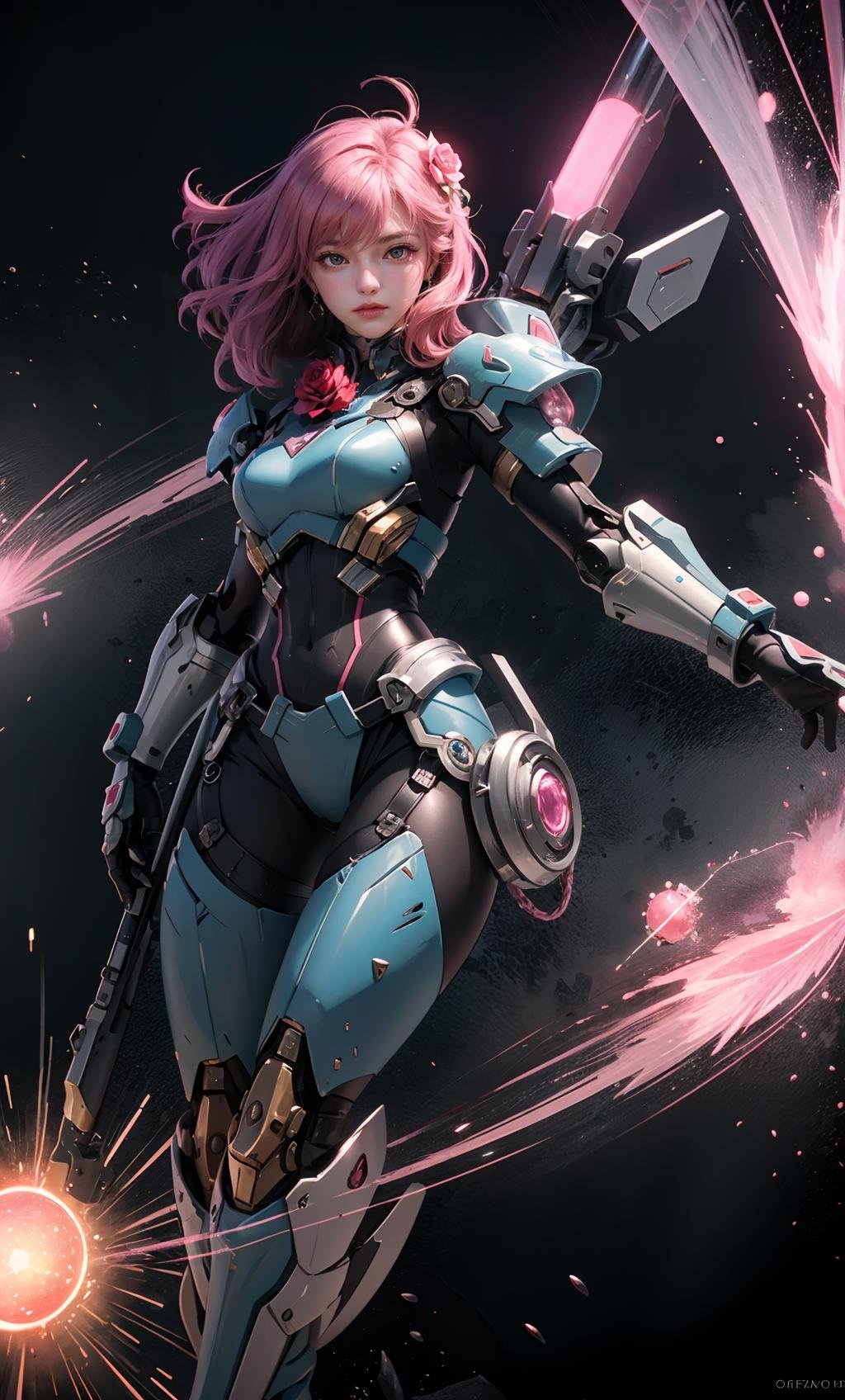 TR mecha style,Cherry Bomb Guardian, Dainty Defender, Feminine Techno-Wizard, Glistening Armor, Mechanical Blossom, Pink Powerhouse, Quantum-Pulse Blade, Rose-Tinted Justice, Sparkling Maneuvers, Time-Bending Tactician.,<lora:好吃米-SD.5-mecha:0.3>,