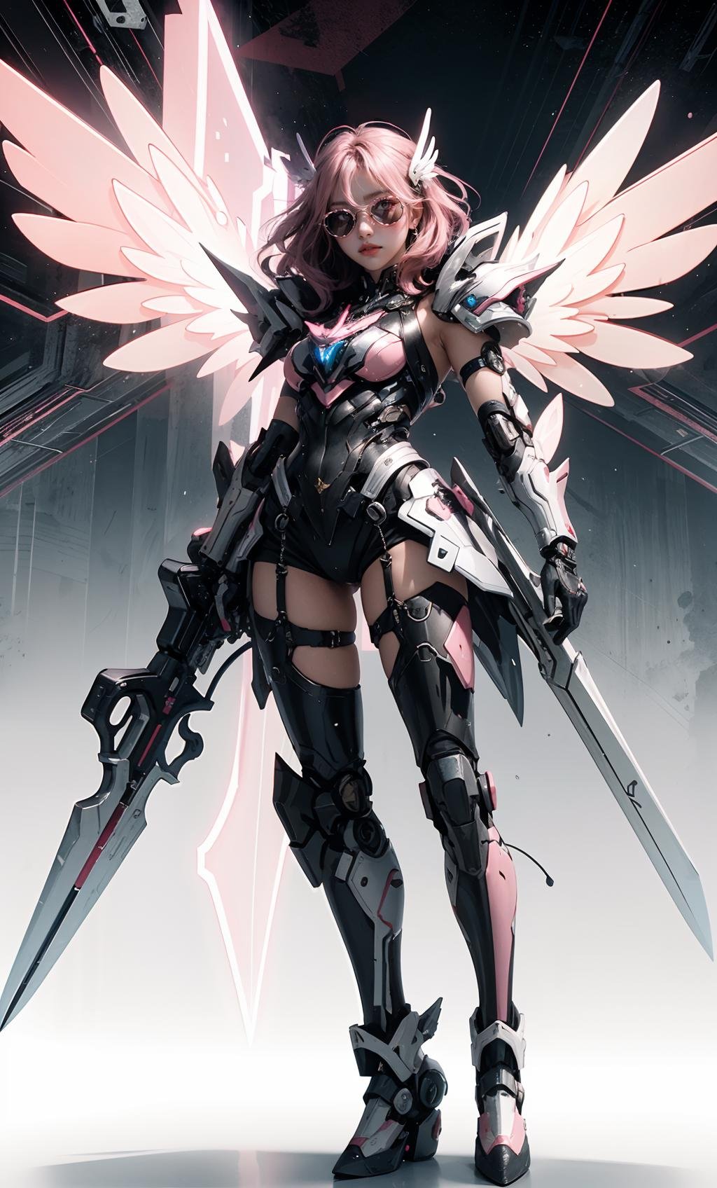 TR mecha style,Pink Pantheress,Angelic Armor,Chrome &amp; Blush,Cybernetic Wings,Future Finesse,Glittering Blade,Protective Aura,Rose-Tinted Vision,Techno-Grace,Unbreakable Will.,<lora:好吃米-SD.5-mecha:0.3>,