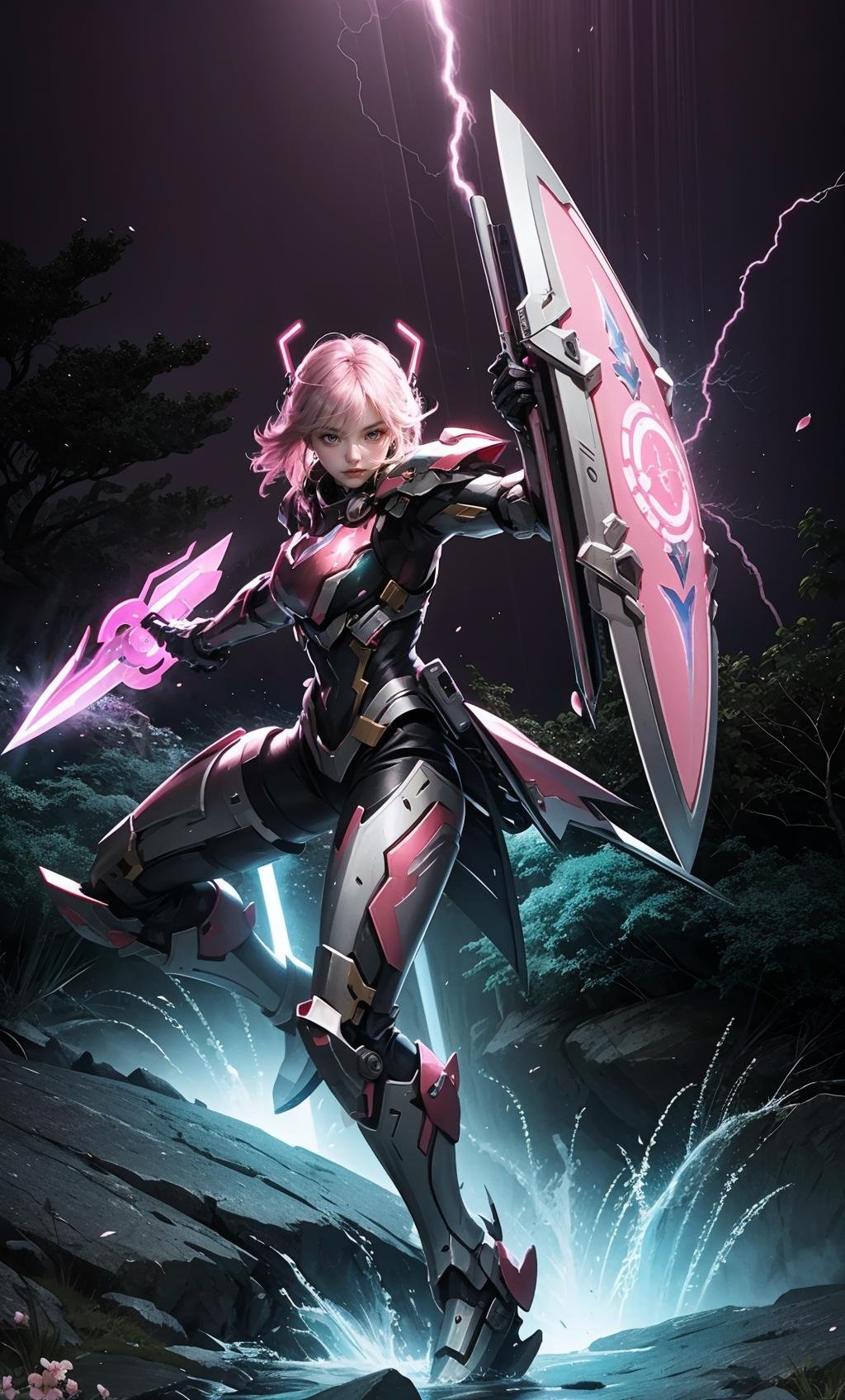 TR mecha style,Cherry-Blossom Warrior,Dainty Defender,Enchanted Blade,Futuristic Finesse,Glowing Halo,Lightning-Fast Moves,Mechanical Petals,Pink Shield,Rose-Tinted Valor,Sparkling Strategy.,<lora:好吃米-SD.5-mecha:0.3>,