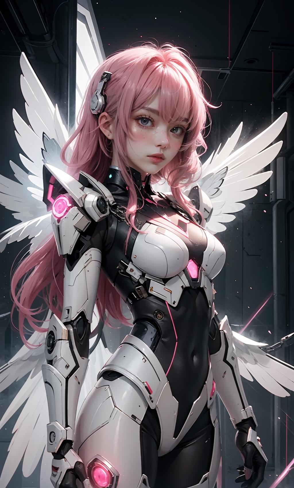 TR mecha style,Pink Pantheress,Angelic Armor,Chrome &amp; Blush,Cybernetic Wings,Future Finesse,Glittering Blade,Protective Aura,Rose-Tinted Vision,Techno-Grace,Unbreakable Will.,<lora:好吃米-SD.5-mecha:0.3>,