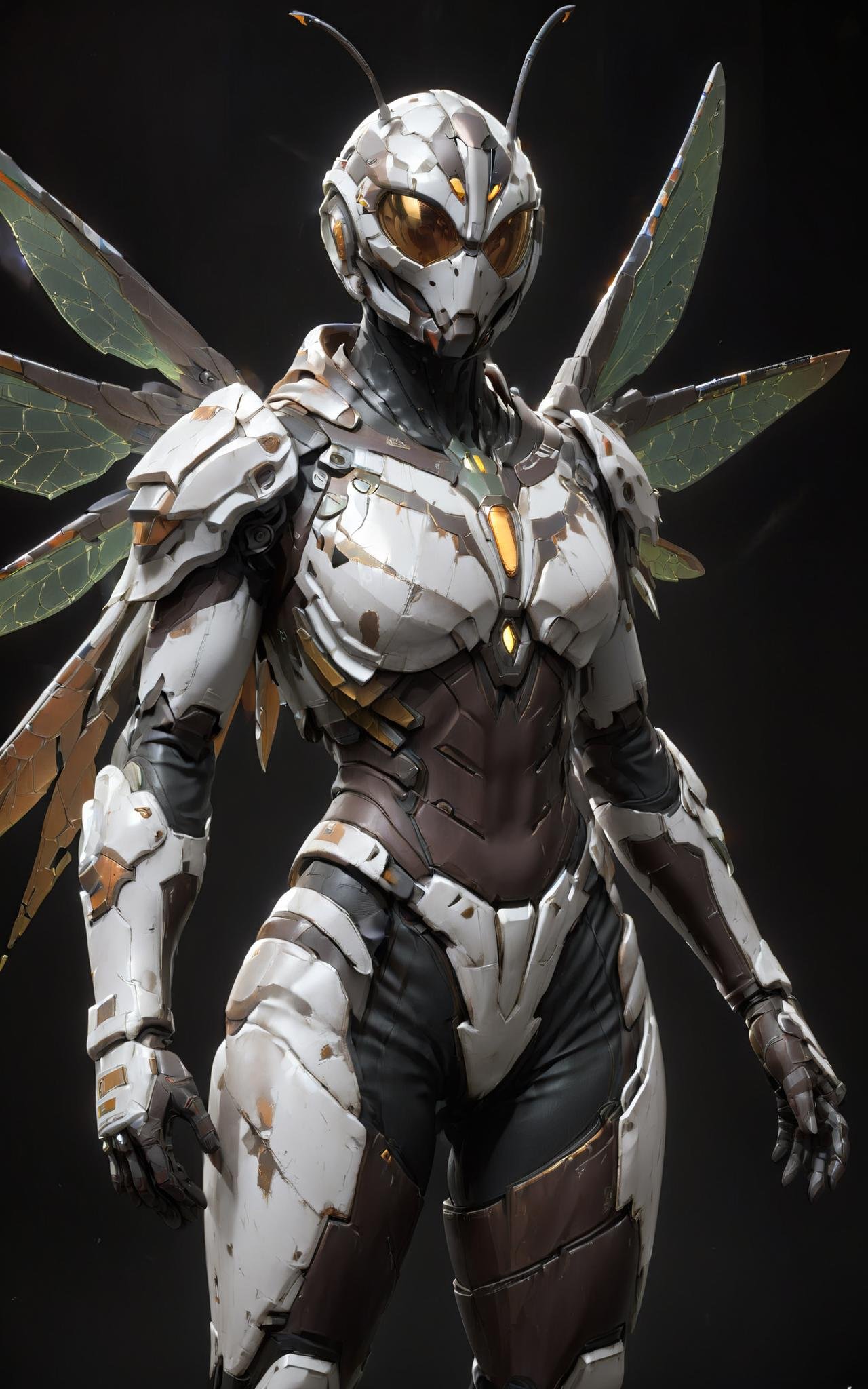 character name, monochrome, armor, upper body, brown gloves, insect wings, power suit, reference sheet, wings
