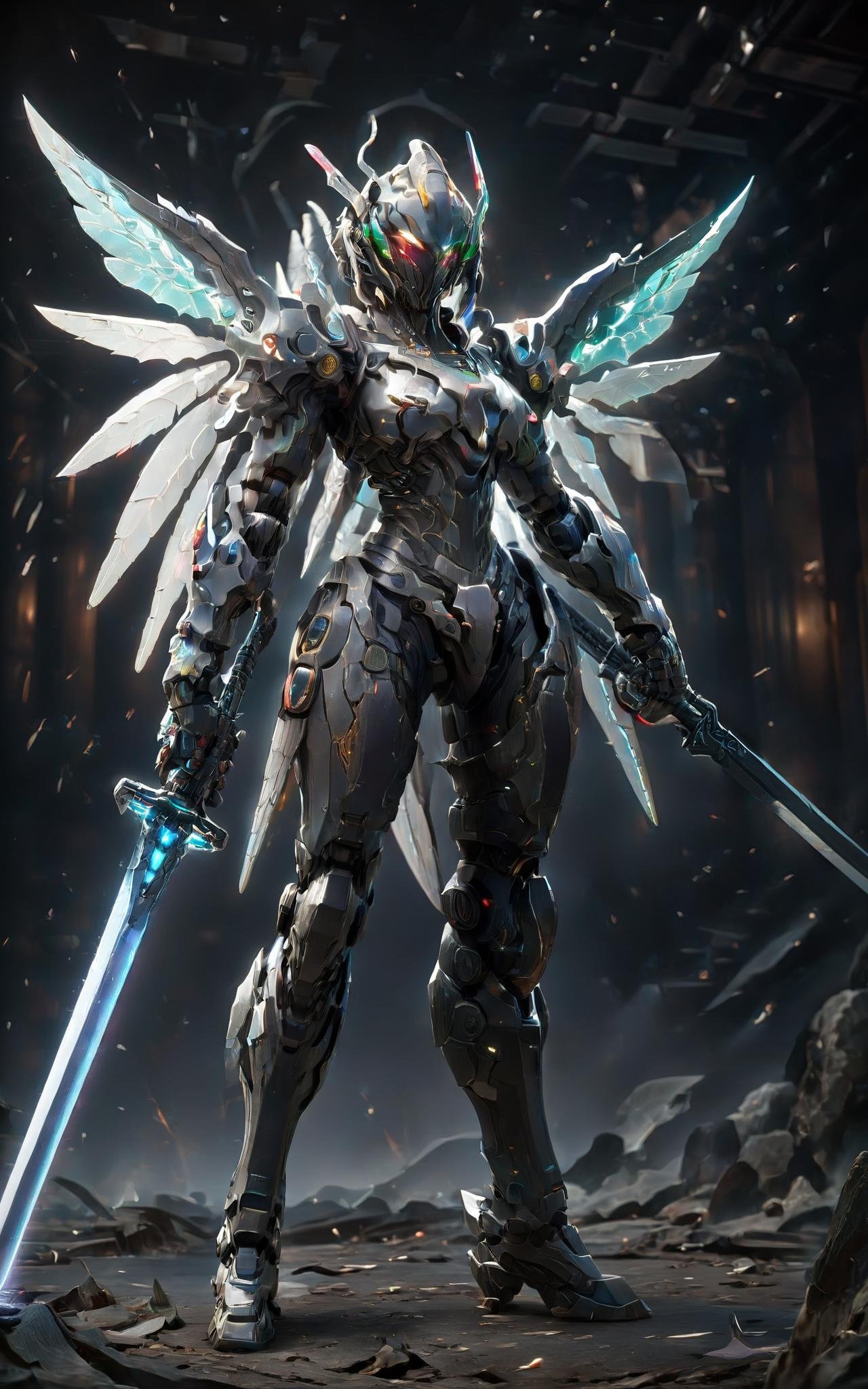 female TR mecha style,masterpiece,best quality,extremely high detailed,intricate,8k,HDR,wallpaper,cinematic lighting,(universe),(holding sword:1.3),glowing,armor,glowing eyes,large wings