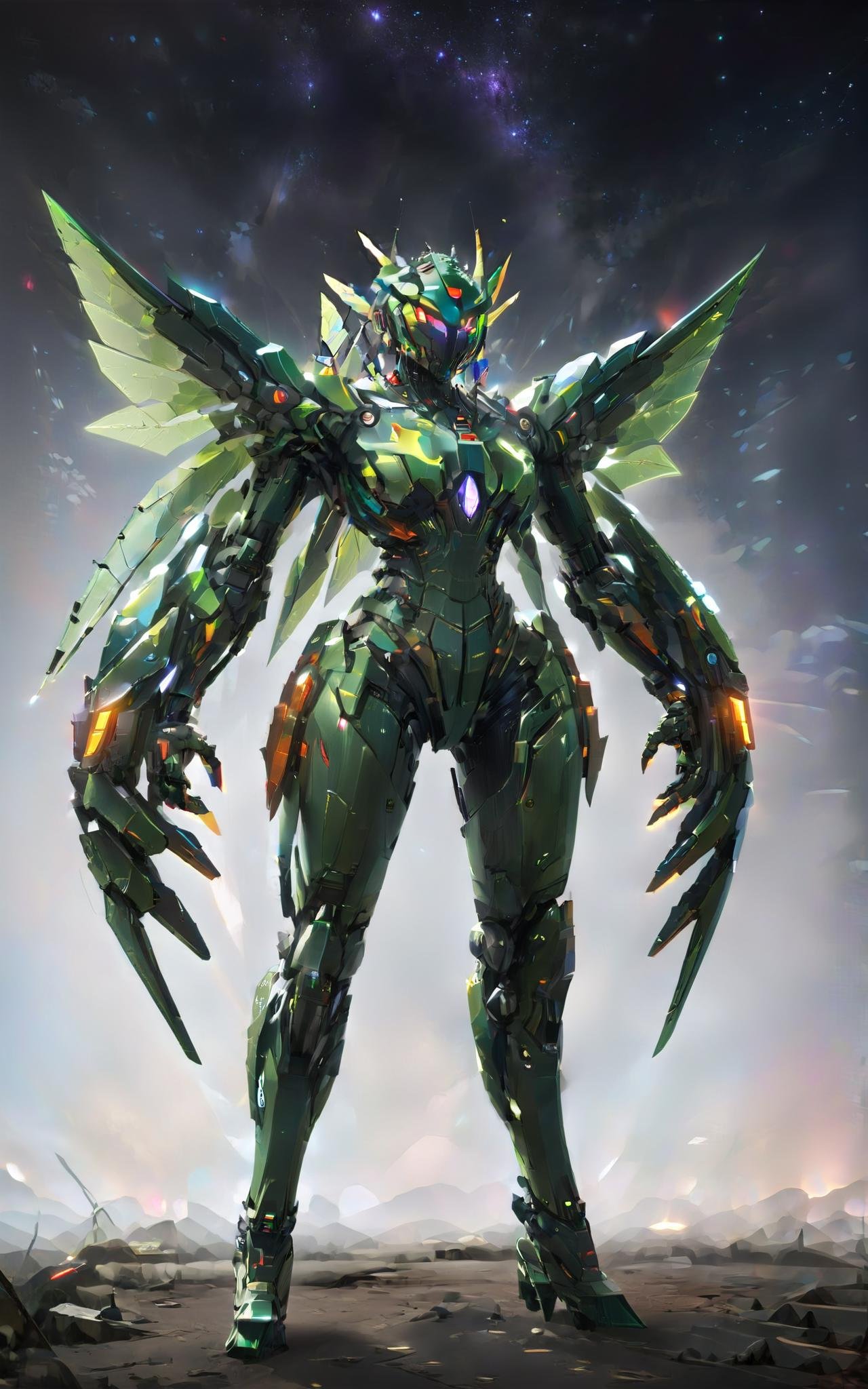 robot TR mecha style,military vehicle, holding, v-fin, insect wings, colored skin, spikes, clenched hands, animal ears, lights, 