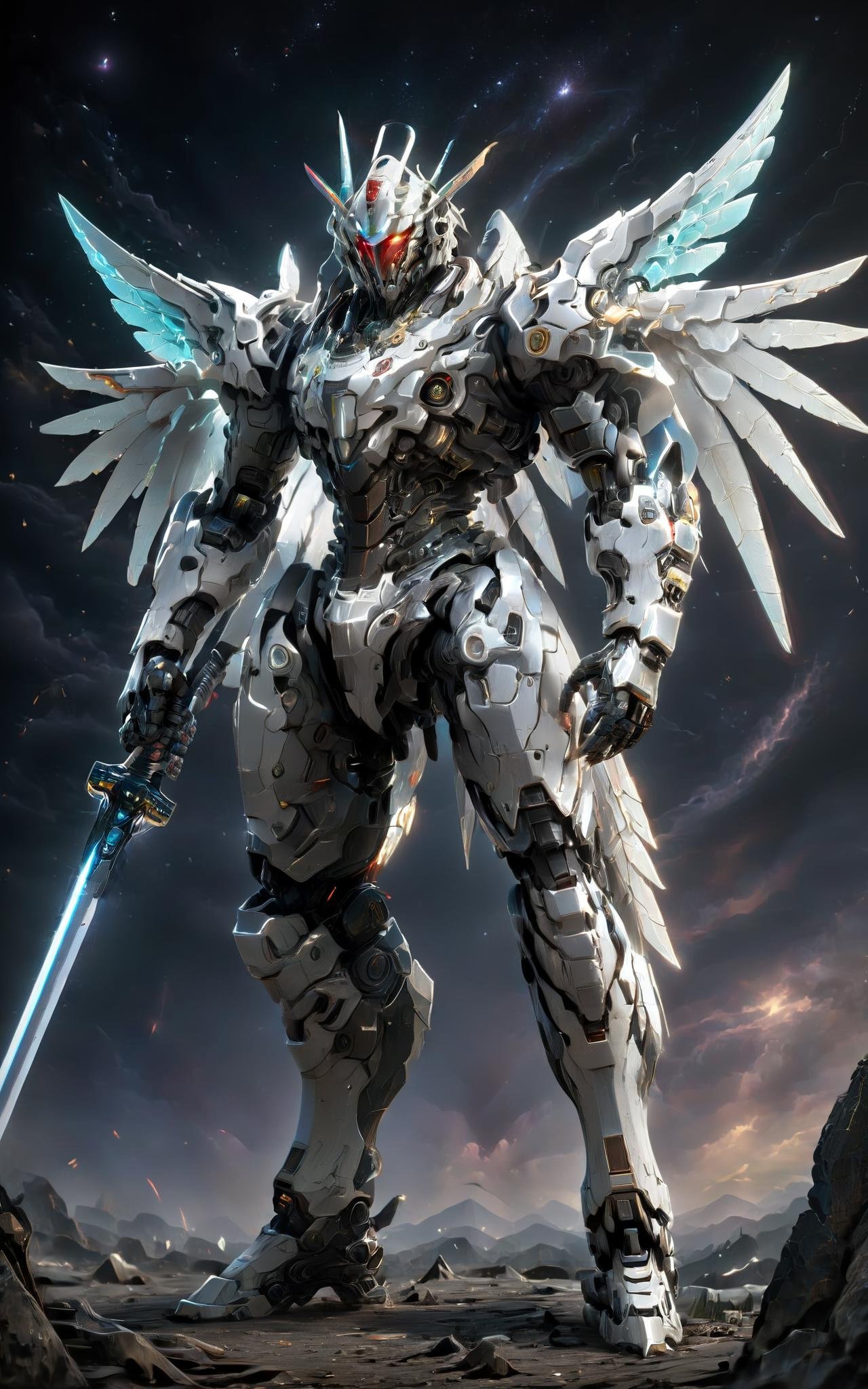 robot TR mecha style,masterpiece,best quality,extremely high detailed,intricate,8k,HDR,wallpaper,cinematic lighting,(universe),(holding sword:1.3),glowing,armor,glowing eyes,large wings