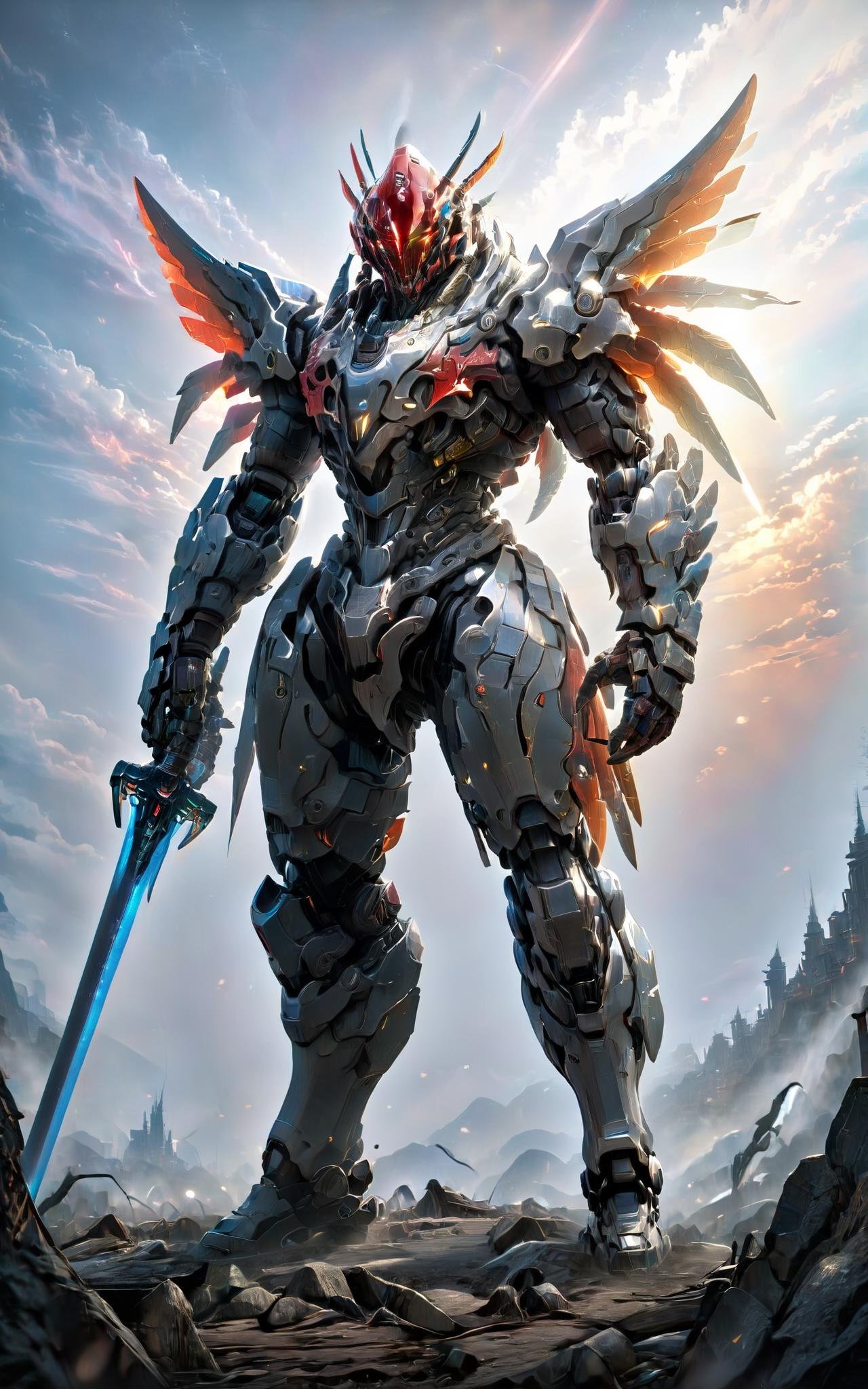 TR mecha style,masterpiece,best quality,extremely high detailed,intricate,8k,HDR,wallpaper,cinematic lighting,(universe),(holding sword:1.3),glowing,armor,glowing eyes,large wings