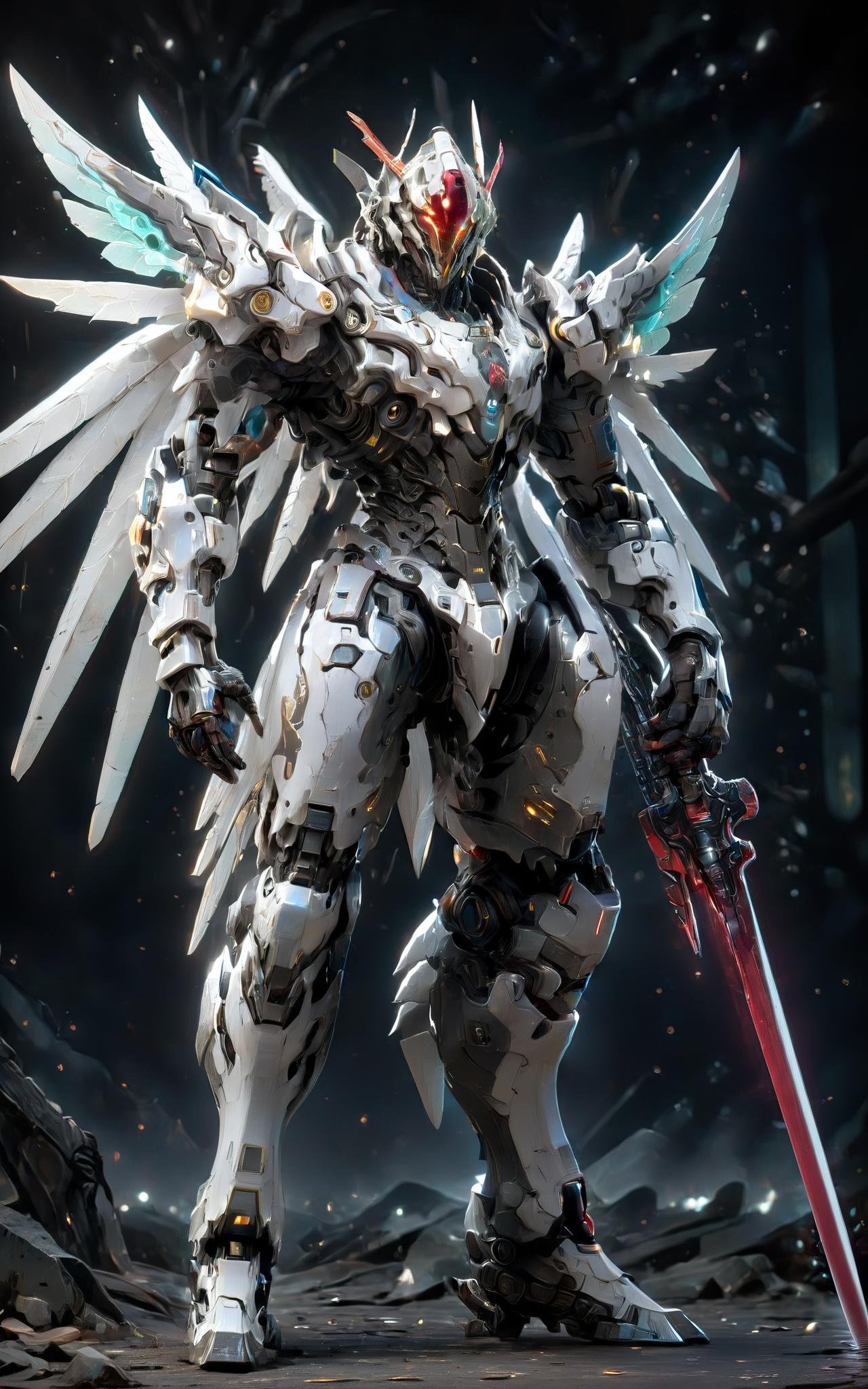 robot TR mecha style,masterpiece,best quality,extremely high detailed,intricate,8k,HDR,wallpaper,cinematic lighting,(universe),(holding sword:1.3),glowing,armor,glowing eyes,large wings