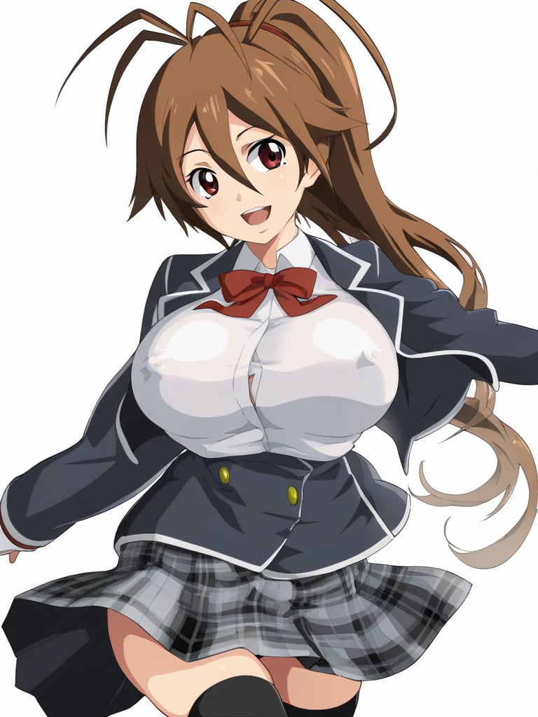 <lora:Iwao-PonyXL-1024px:0.8>, score_5_up,1girl, solo, standing,  thighhighs, brown hair, antenna hair, long hair, school uniform, skirt, large breasts, brown eyes, open mouth, smile, black legwear, white background, simple background, ponytail, zettai ryouiki,  plaid, looking at viewer, covered nipples, plaid skirt, red eyes, :d, hair between eyes, miniskirt