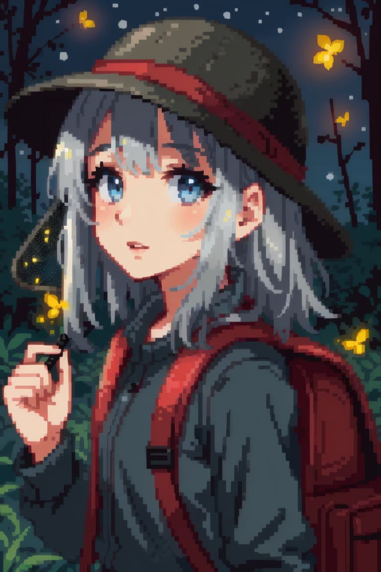 ((HRD, HUD, 8K)),((masterpiece, best quality)), highly detailed,1 girl, gray hair, blue eyes, bucket hat, with backpack, anxious, forest, Astral, ((night) ), (running), (((chasing fireflies with a bug net))), The light of the firefly.(beautiful detailed face), (beautiful detailed eyes),.small backpac.