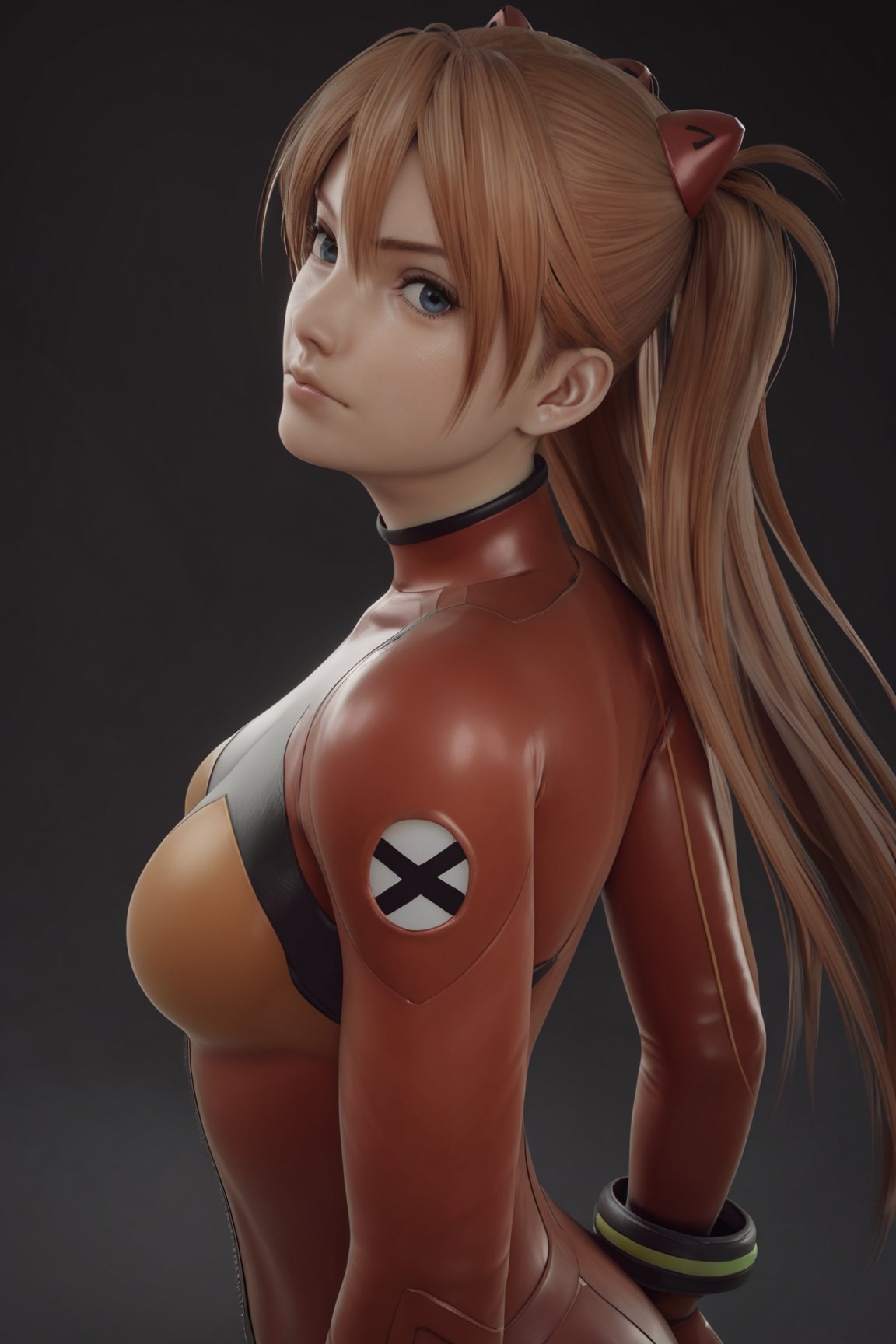 masterpiece, detailed quality, 1girl,  black background, score_9, source_anime, score_8_up, score_7_up, x3dce, 3d, looking at viewer, <lora:X3dCE_PDXL:.8> souryuu_asuka_langley , red bodysuit, skin tight, from side, head tilt back