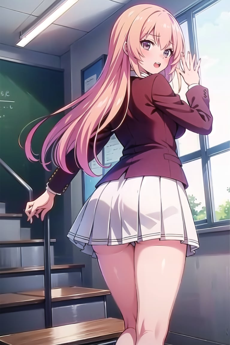 Masterpiece,Best  Quality, High Quality, (Sharp Picture Quality),beautiful woman,Blonde hair, long hair,  school uniform, blue bowtie, blazer, red jacket, long sleeves, pleated skirt, white skirt,Switching one hand,Fluttering skirts, classroom, Stand on the stairs,Angle from bottom,The back,look back