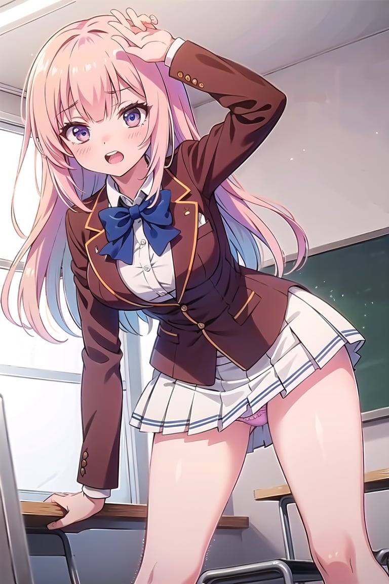 Masterpiece,Best  Quality, High Quality, (Sharp Picture Quality),beautiful woman,Blonde hair, long hair,  school uniform, blue bowtie, blazer, red jacket, long sleeves, pleated skirt, white skirt,Switching one hand,Fluttering skirts, classroom,visible panties,Sexy panties, Stand on the stairs,Angle from the bottom