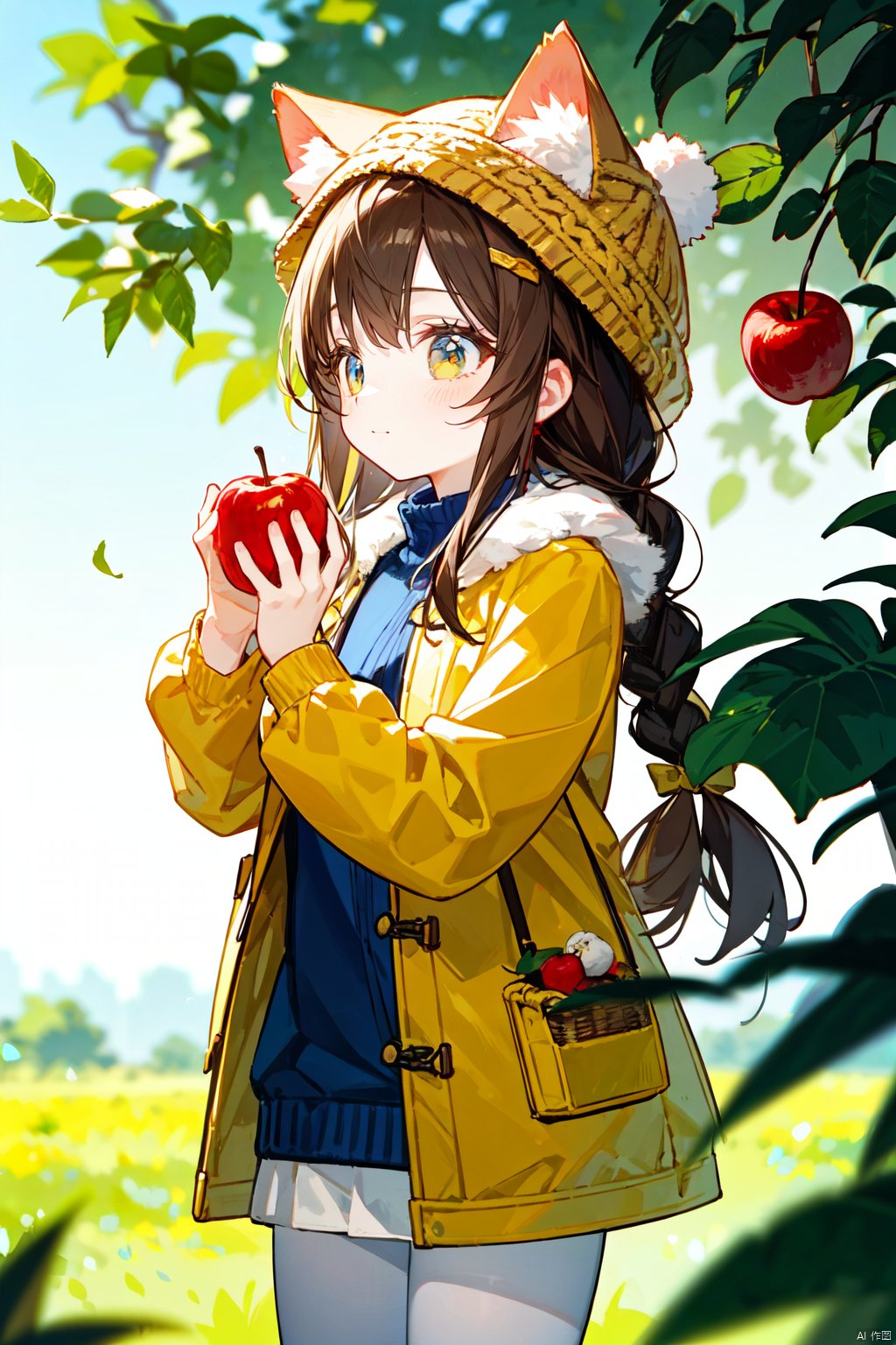 1girl, food, solo, fruit, holding food, holding, long hair, brown hair, holding fruit, outdoors, long sleeves, yellow headwear, branch, tree, hat, blurry, apple, closed mouth, brown eyes, day, bangs, looking up, hands up, jacket, leaf, standing, cowboy shot, plant, depth of field, blurry background, coat, braid, basket, green headwear, yellow jacket, looking away, sweater, dappled sunlight, (fluffy cat ears), mjiaocha, backlight, colors, white pantyhose