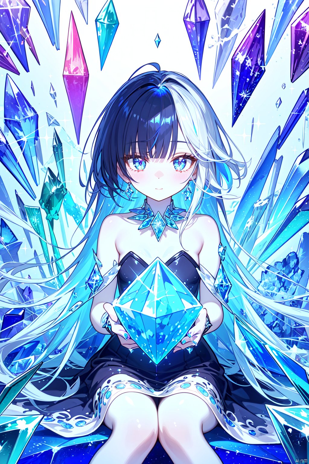  masterpiece, best quality, masterpiece,best quality,official art,extremely detailed CG unity 16k wallpaper,masterpiece, ((1girl)),(science fiction:1.1), (ultra-detailed crystallization:1.5), (crystallizing girl:1.5), kaleidoscope, ((iridescent:1.5) long hair), (glittering silver eyes), sitting, surrounded by colorful crystals, blue skin, (skin fusion with crystal:1.8), looking up, face focus, simple dress, transparent crystals, flat dark background, lens flare, prism,