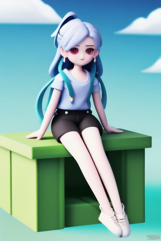 1girl, long hair, White hair, red eyes, jitome, flat chest, sitting, on park, day, blue Sky, clouds, black shorts, White shirt, long legwears, camera, shuixia, 3D,<lora:660447313082219790:1.0>