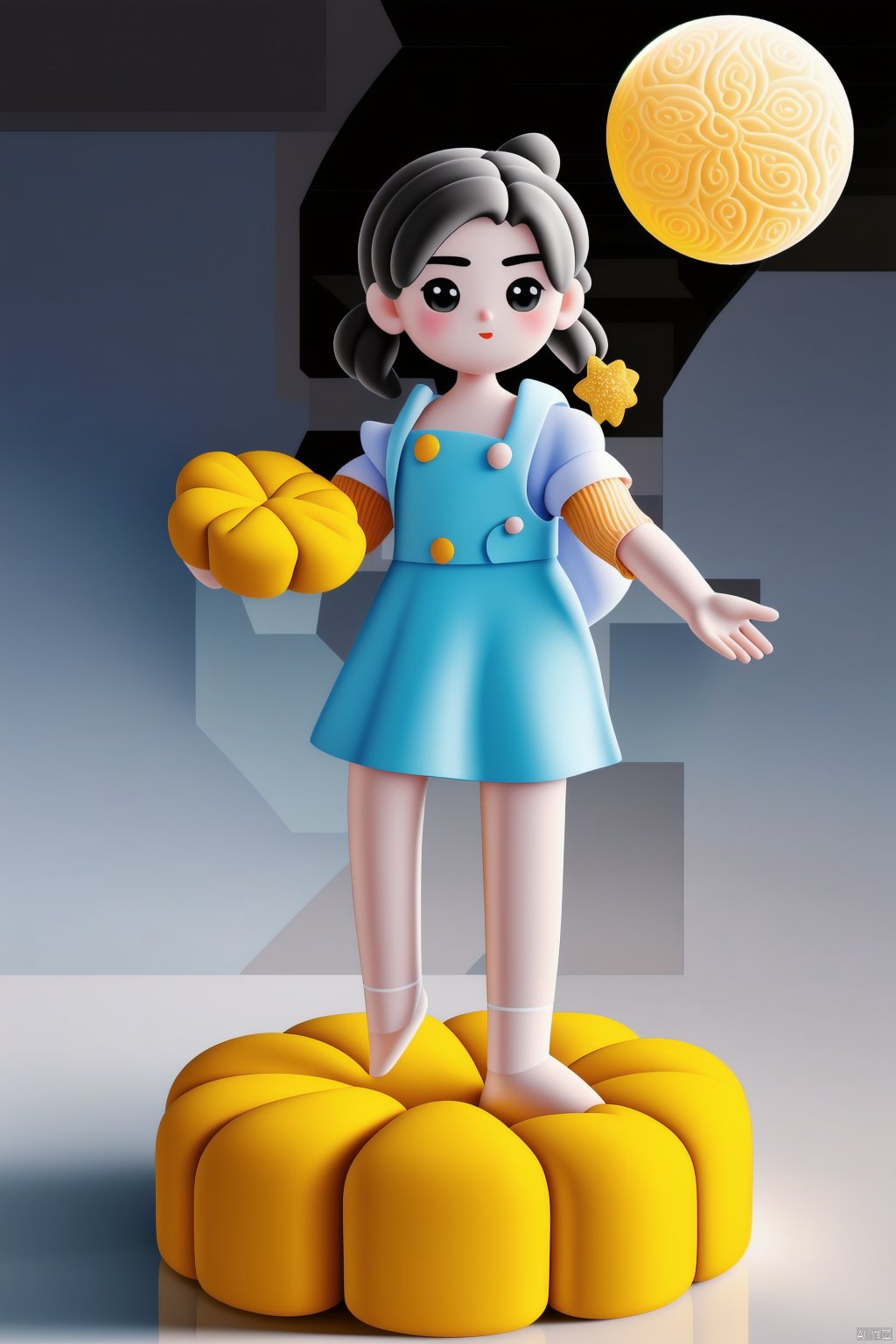 A girl stands on a moon cake and flies to the moon,3D,<lora:660447313082219790:1.0>