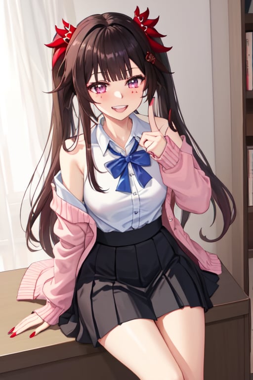 best quality, masterpiece, highre， <lora:sparklevsd15:1>，1girl, red_nails, looking_at_viewer, shirt_tucked_in, honkai_(series), high-waist_skirt, pleated_skirt, pink_cardigan, white_shirt, red_ribbon, shirt, cardigan, index_finger_raised, bow, neck_ribbon, off_shoulder, sparkle_(honkai:_star_rail), outstretched_arm, legs_apart, miniskirt, open_mouth, black_skirt, collared_shirt, cowboy_shot, smile, honkai:_star_rail, ribbon, open_cardigan, long_sleeves, thighs, skirt, open_clothes, hair_bow, solo, grin, nail_polish, :d, teeth, red_bow