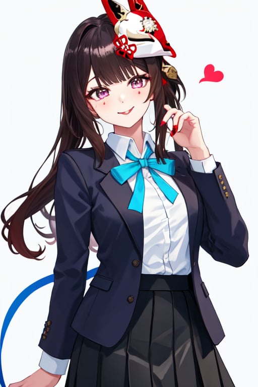 best quality, masterpiece, highre， <lora:sparklevsd15:1>，closed_mouth, honkai_(series), sparkle, v_over_mouth, black_jacket, blazer, white_background, hair_intakes, heart, tongue, cowboy_shot, looking_at_viewer, ribbon, honkai:_star_rail, 1girl, school_uniform, blush, red_nails, simple_background, blue_ribbon, neck_ribbon, solo, jacket, nail_polish, white_shirt, open_jacket, sparkle_(honkai:_star_rail), skirt, hair_ornament, head_tilt, tongue_out, smile, open_clothes, :p, arm_at_side, shirt, hairclip, black_skirt, collared_shirt, hand_up