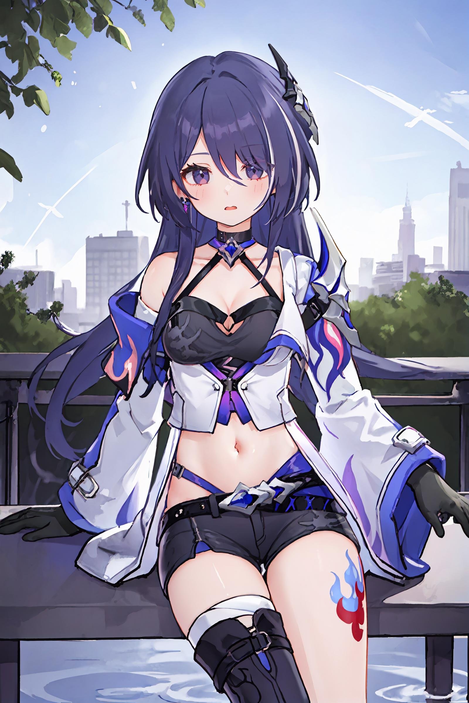 1girl, acheron \(honkai: star rail\), solo, long hair, short shorts, leg tattoo, midriff, black gloves, hair ornament, choker, long coat, single sleeve, single gauntlet, outdoors, depth of field, upper body, sitting, chair, flower, tree 1girl, acheron \(honkai: star rail\), solo, long hair, short shorts, leg tattoo, single thigh boot, standing, midriff, black gloves, hair ornament, choker, long coat, single sleeve, single gauntlet, uneven legwear, looking at viewer, city ruins, outdoors, depth of field, cowboy shot, looking at viewer