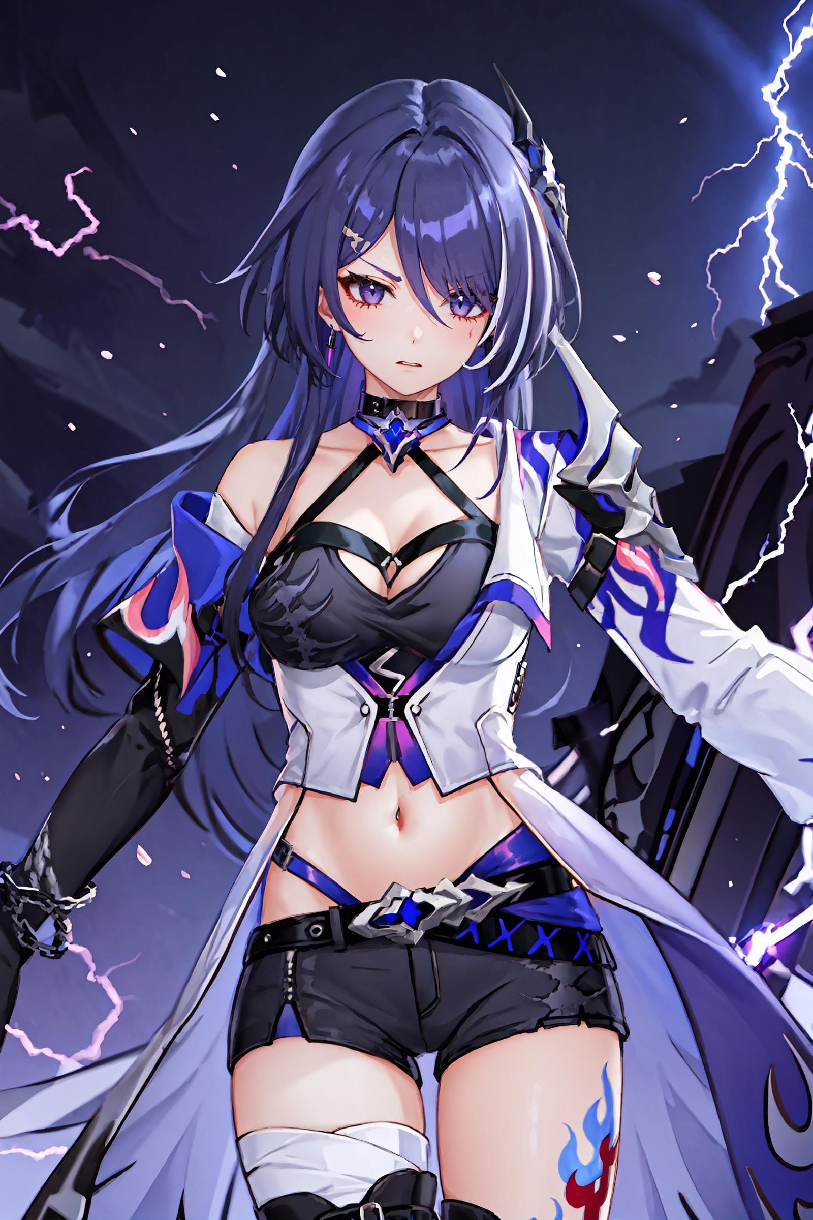 1girl, acheron \(honkai: star rail\), solo, long hair, short shorts, leg tattoo, single thigh boot, midriff, black gloves, hair ornament, choker, long coat, single sleeve, single gauntlet, uneven legwear, cowboy shot, lightning, electricity, combat pose, incoming attack, glaring, looking at viewer