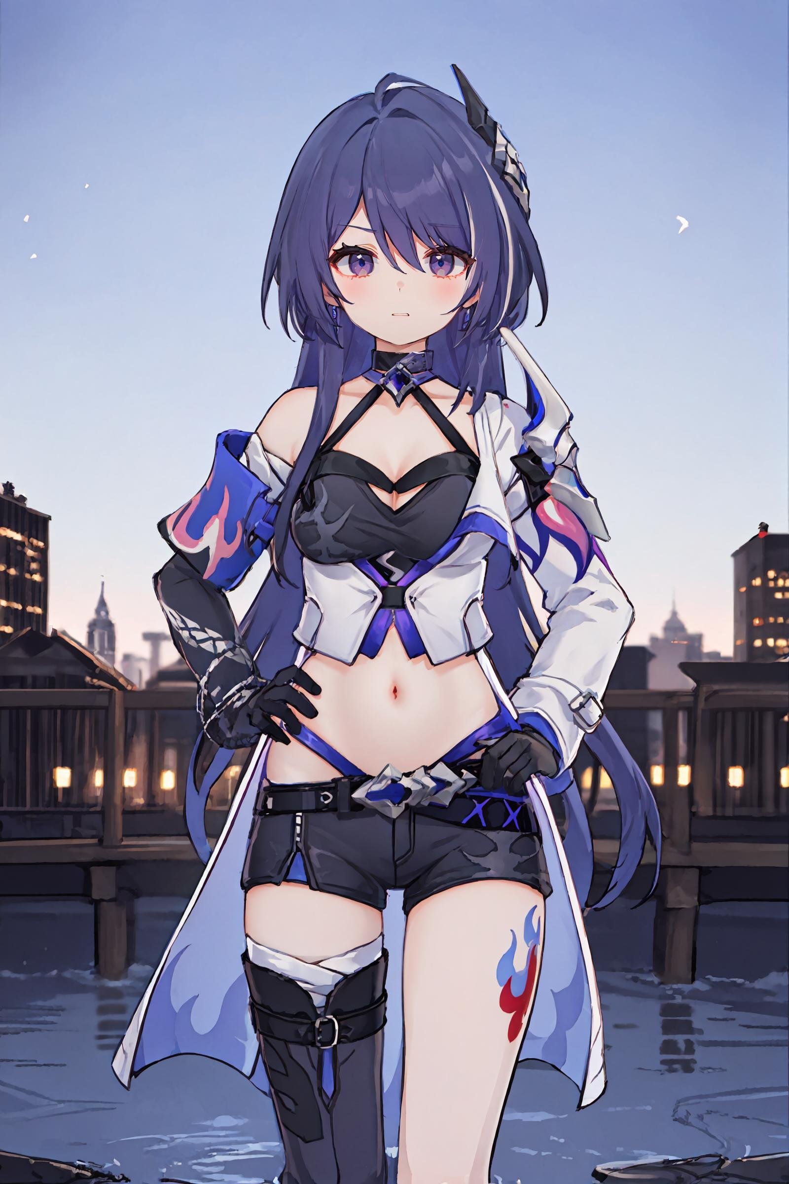 1girl, acheron \(honkai: star rail\), solo, long hair, short shorts, leg tattoo, single knee boot, single thigh boot, midriff, black gloves, hair ornament, choker, long coat, single sleeve, single gauntlet, uneven legwear, wetland, outdoors, depth of field, cowboy shot, looking at viewer, glaring,  <lora:face-glaring:0.8>, hand on hip 1girl, acheron \(honkai: star rail\), solo, long hair, short shorts, leg tattoo, single thigh boot, standing, midriff, black gloves, hair ornament, choker, long coat, single sleeve, single gauntlet, uneven legwear, looking at viewer, city ruins, outdoors, depth of field, cowboy shot, looking at viewer