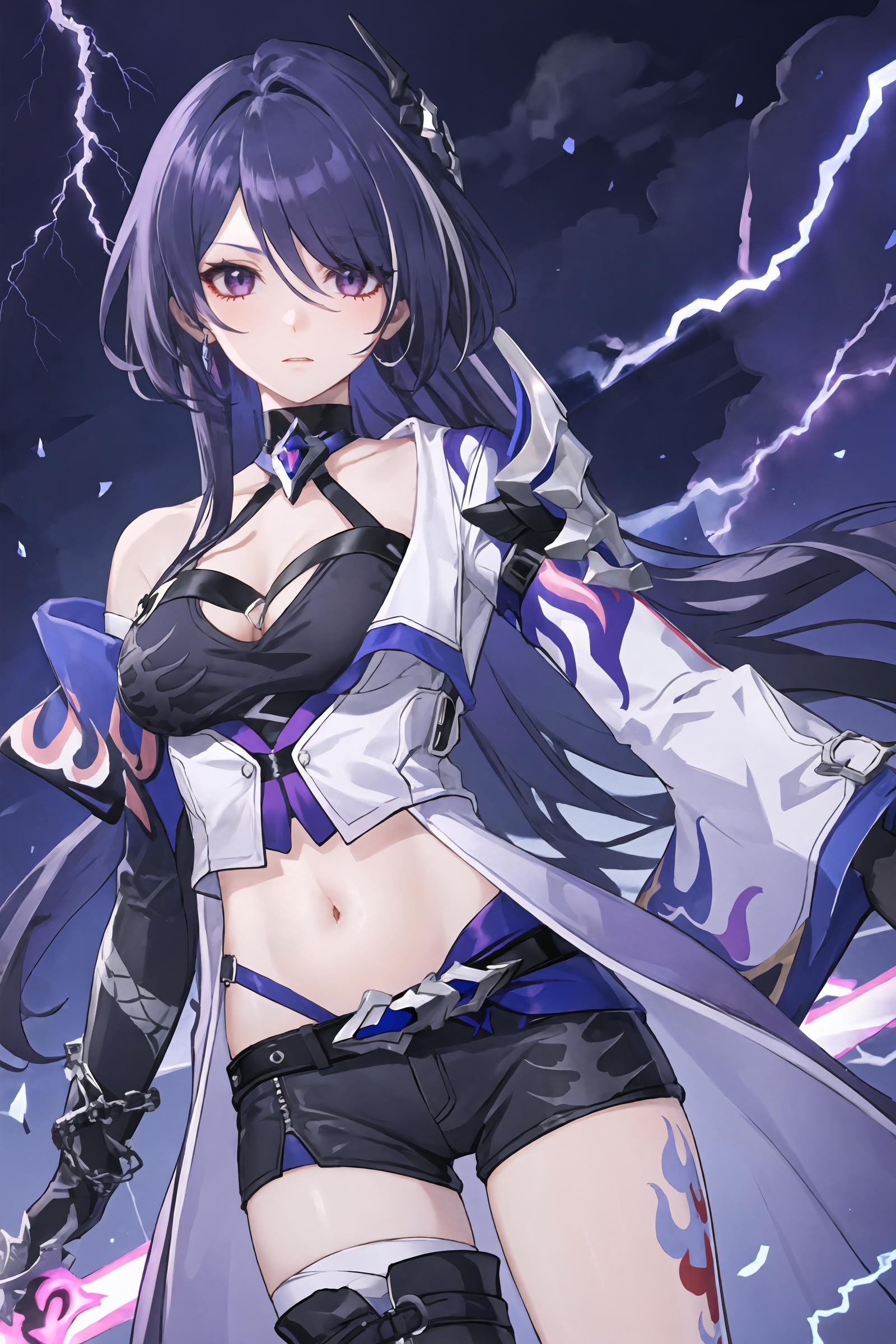 1girl, acheron \(honkai: star rail\), solo, long hair, short shorts, leg tattoo, single thigh boot, midriff, black gloves, hair ornament, choker, long coat, single sleeve, single gauntlet, uneven legwear, cowboy shot, lightning, electricity, aura, looking at viewer, floating hair, glaring, hand on hilt, sword