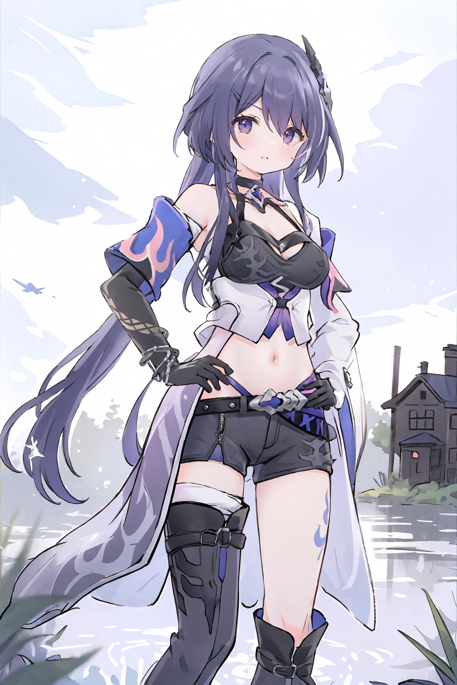 1girl, acheron \(honkai: star rail\), solo, long hair, short shorts, leg tattoo, single knee boot, single thigh boot, midriff, black gloves, hair ornament, choker, long coat, single sleeve, single gauntlet, uneven legwear, wetland, outdoors, depth of field, cowboy shot, looking at viewer, glaring,  <lora:face-glaring:0.8>, hand on hip