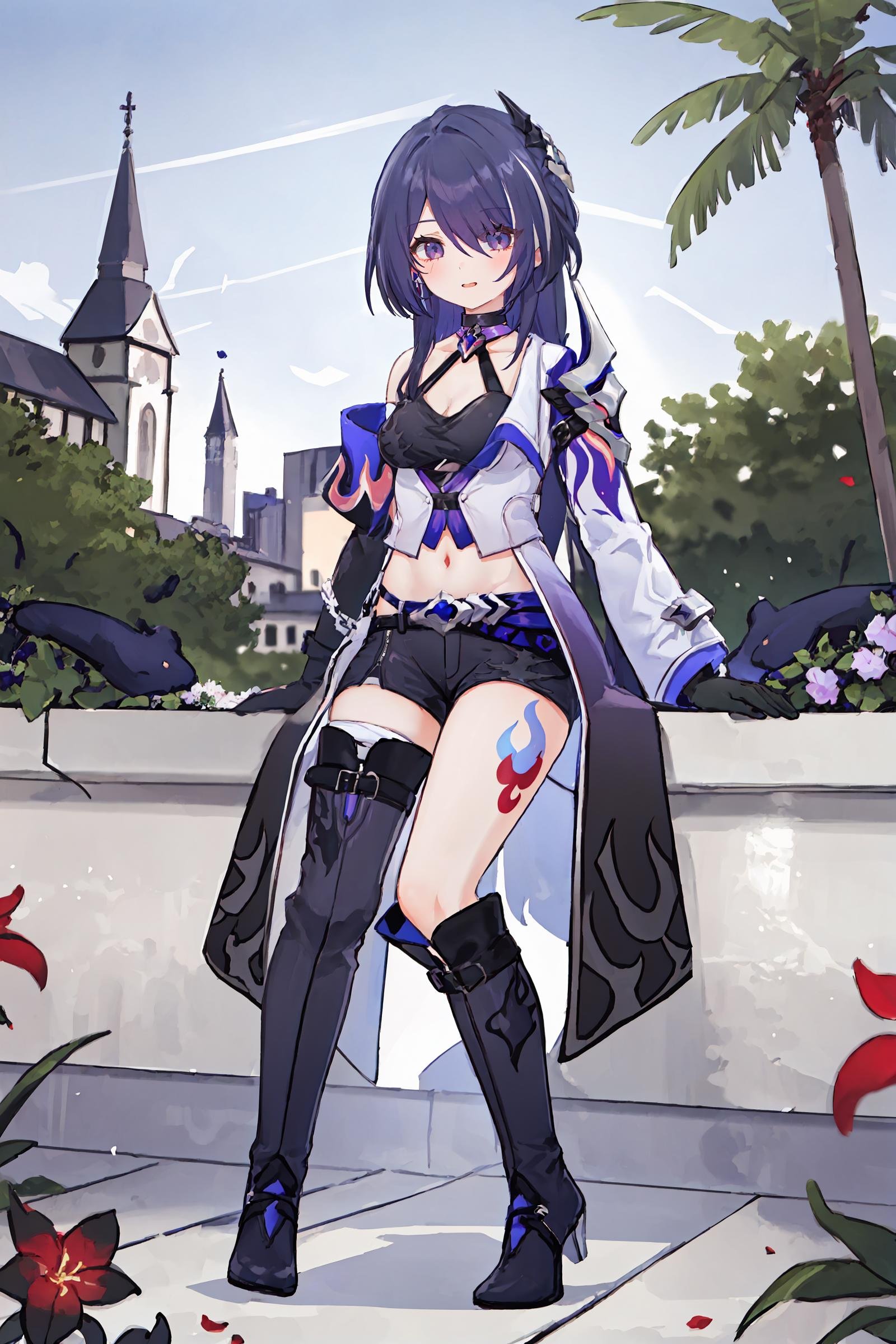 1girl, acheron \(honkai: star rail\), solo, long hair, short shorts, leg tattoo, single knee boot, single thigh boot, midriff, black gloves, hair ornament, choker, long coat, single sleeve, single gauntlet, uneven legwear, light smile, garden, outdoors, depth of field, full body, sitting, chair, flower, tree 1girl, acheron \(honkai: star rail\), solo, long hair, short shorts, leg tattoo, single thigh boot, standing, midriff, black gloves, hair ornament, choker, long coat, single sleeve, single gauntlet, uneven legwear, looking at viewer, city ruins, outdoors, depth of field, cowboy shot, looking at viewer