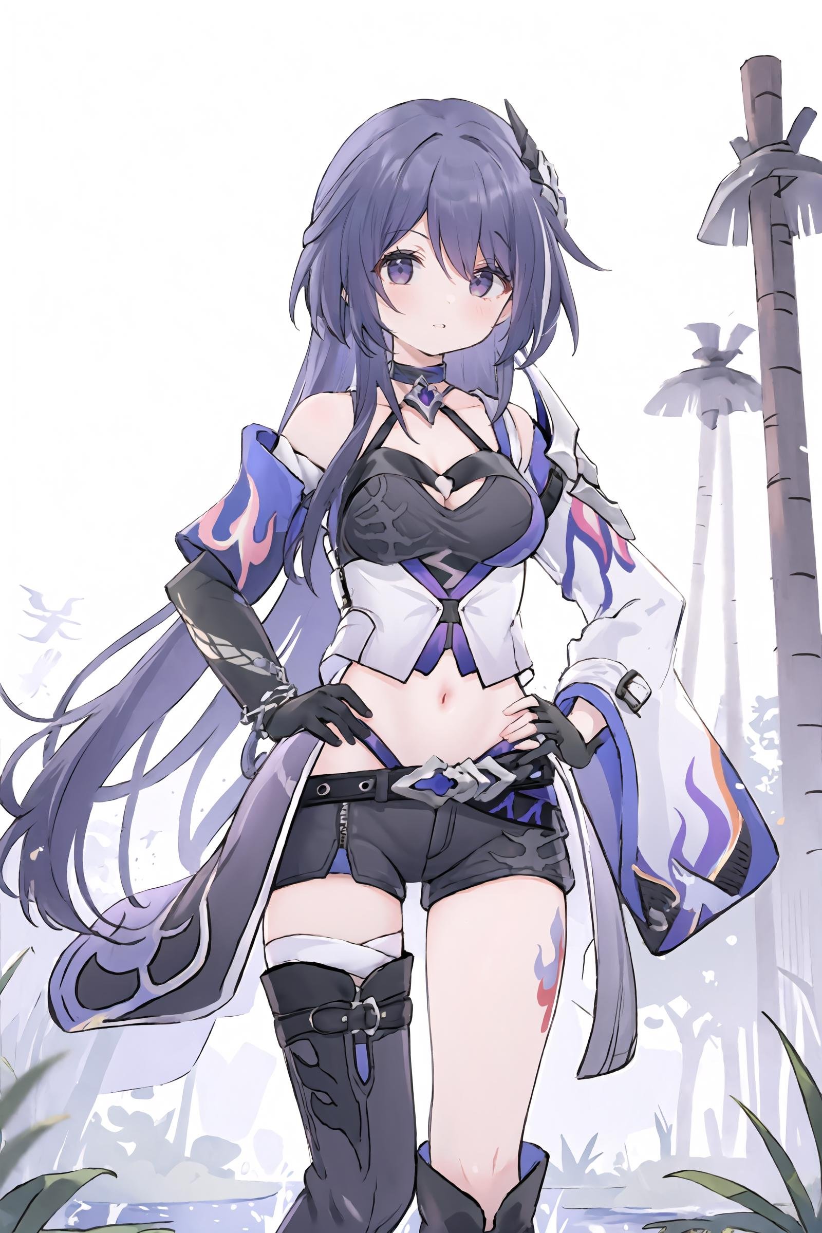 1girl, acheron \(honkai: star rail\), solo, long hair, short shorts, leg tattoo, single knee boot, single thigh boot, midriff, black gloves, hair ornament, choker, long coat, single sleeve, single gauntlet, uneven legwear, wetland, outdoors, depth of field, cowboy shot, looking at viewer, glaring,  <lora:face-glaring:0.8>, hand on hip