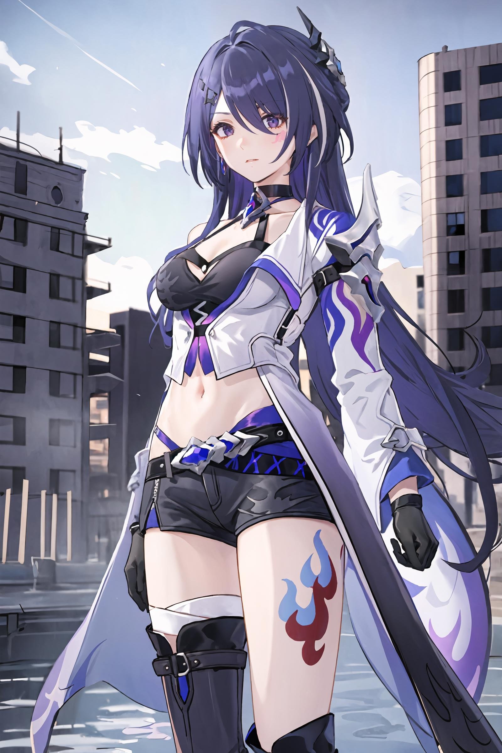 1girl, acheron \(honkai: star rail\), solo, long hair, short shorts, leg tattoo, single thigh boot, standing, midriff, black gloves, hair ornament, choker, long coat, single sleeve, single gauntlet, uneven legwear, looking at viewer, city ruins, outdoors, depth of field, cowboy shot, looking at viewer