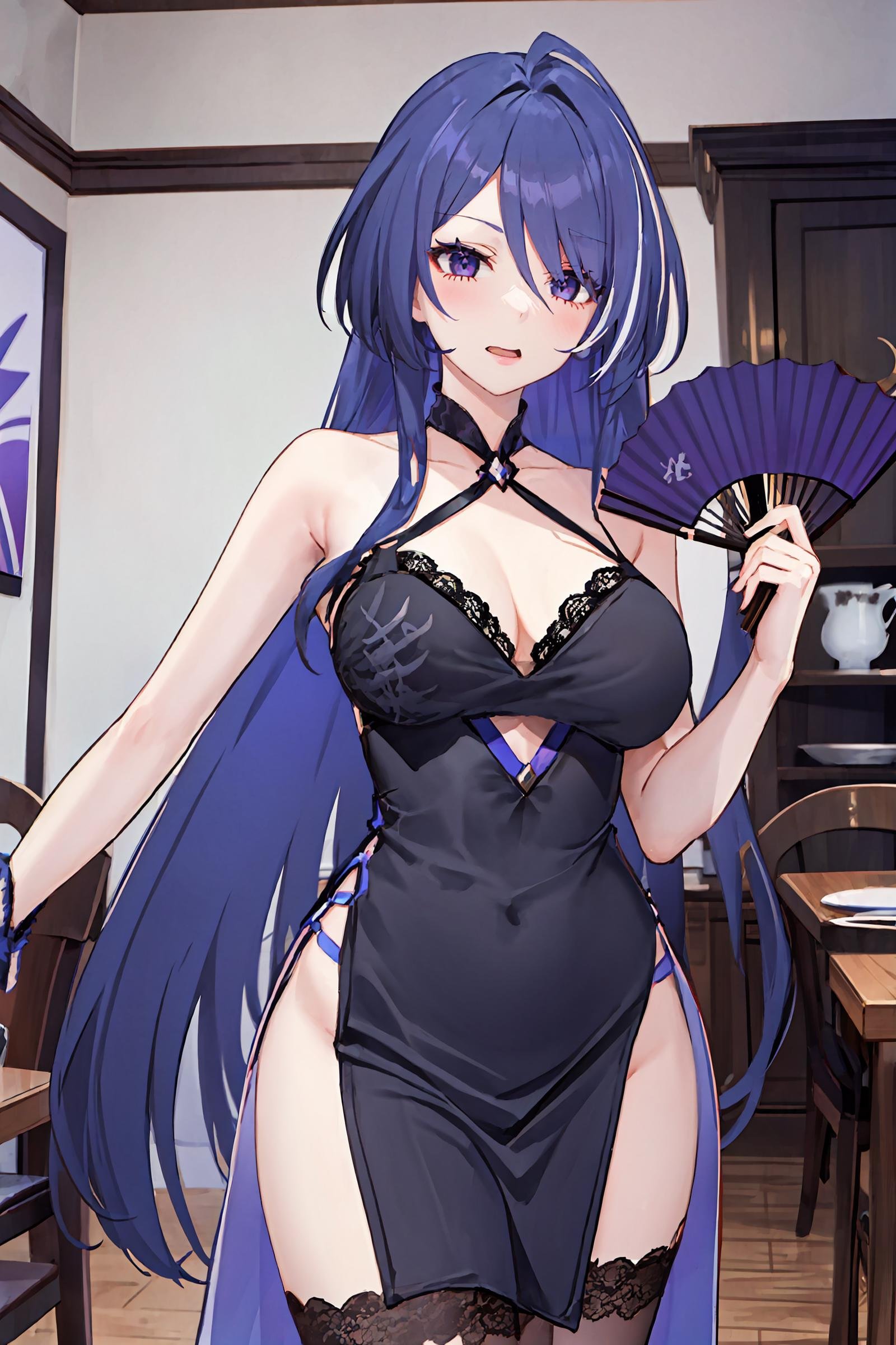 1girl, acheron \(honkai: star rail\), china dress, highleg, lace-trimmed legwear, cowboy shot, naughty face, holding fan, dining room, indoors