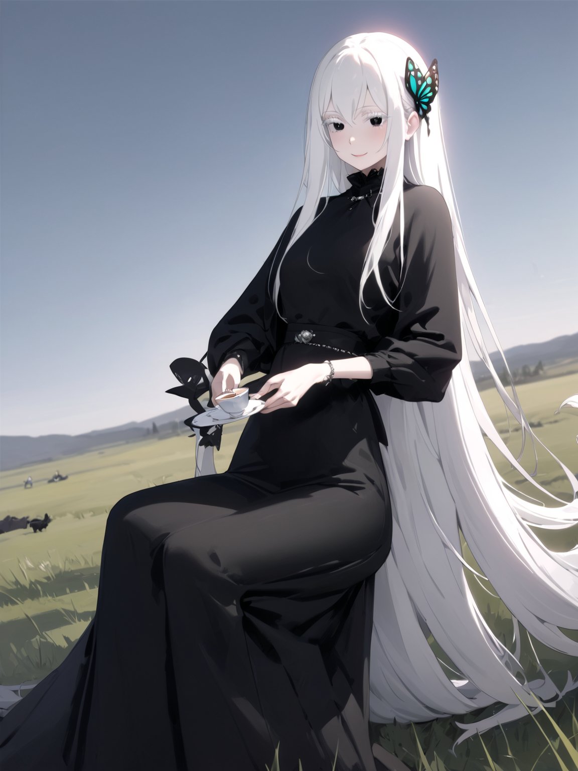 //Quality,
masterpiece, best quality, detailed
,//Character,
solo,echidna_rezero, 1girl, very long hair, white hair, black eyes, colored eyelashes
,//Fashion,
long sleeves, striped, black dress, long dress, butterfly hair ornament, black capelet
,//Background,
grassland, tea time
,//Others,
smile