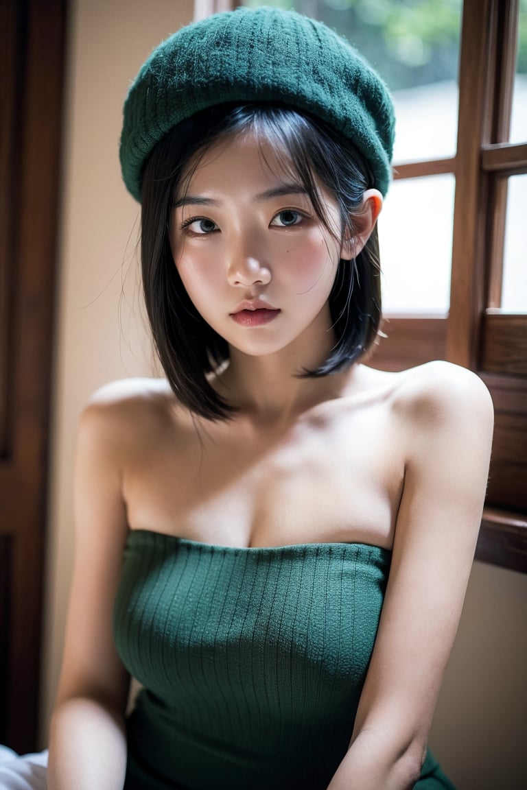 Realistic photography , Beautiful Young Thai Female , Green Hat