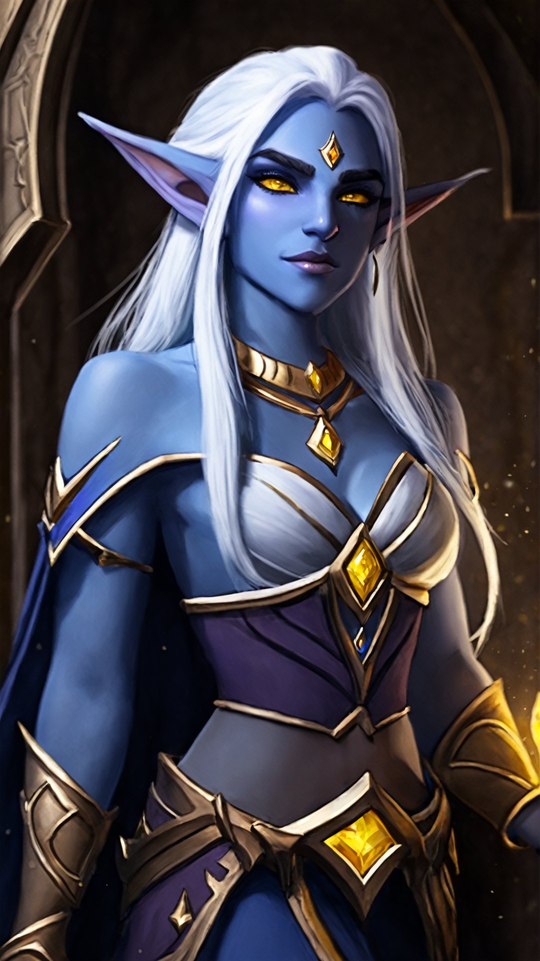 elfazshara, night elf, colored_skin, blue skin, yellow eyes, white hair, jewelry, azsoutfit,


