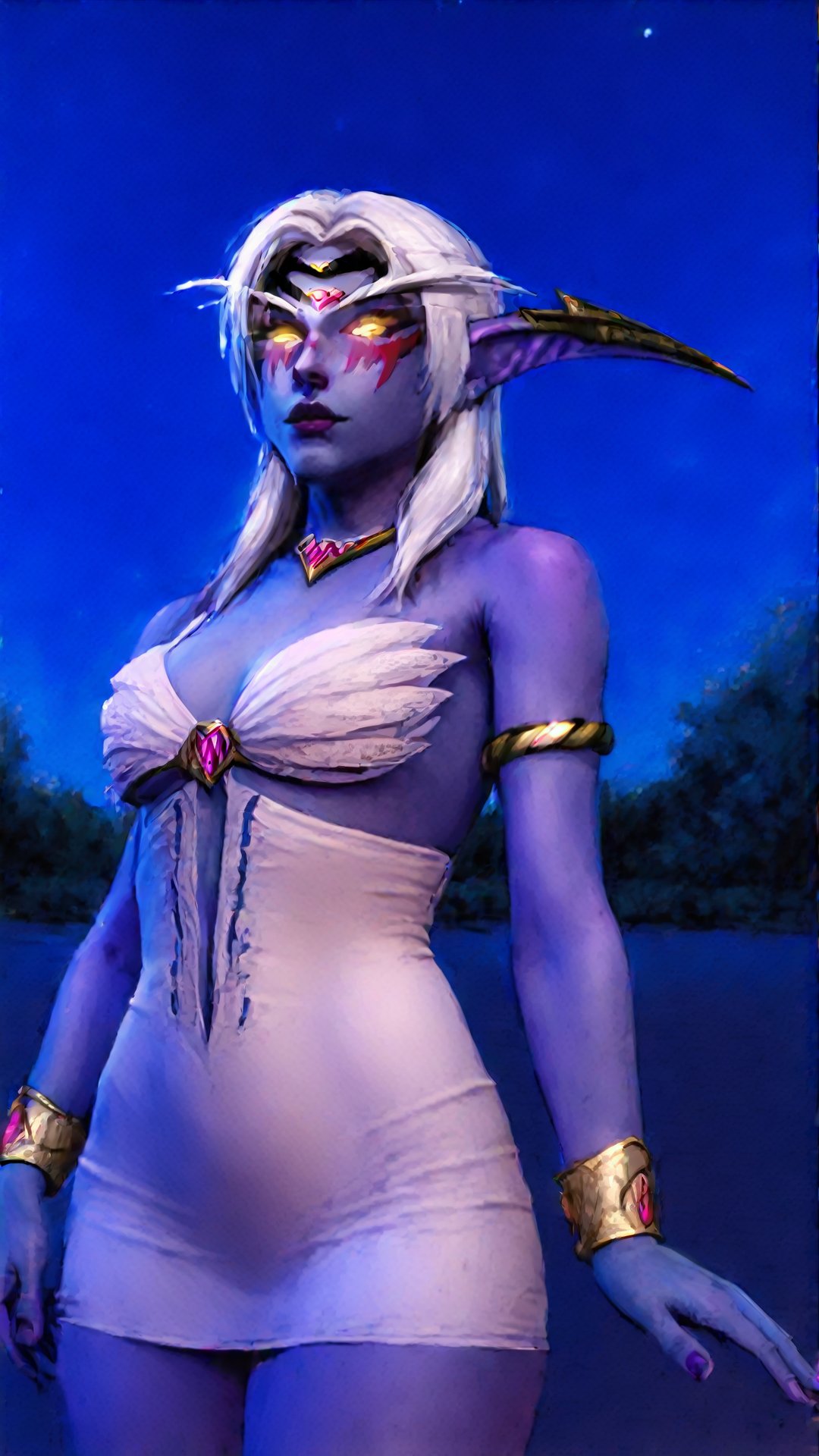 



elfazshara, night elf, colored_skin, blue skin, yellow eyes, white hair, jewelry, (white very short summer dress:1.3)